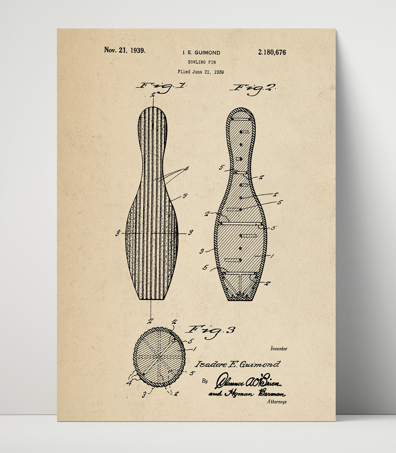 Patent Print - Bowling Pin - I E Guimond - 1939 - Patent 2180676 Patent Wall Art