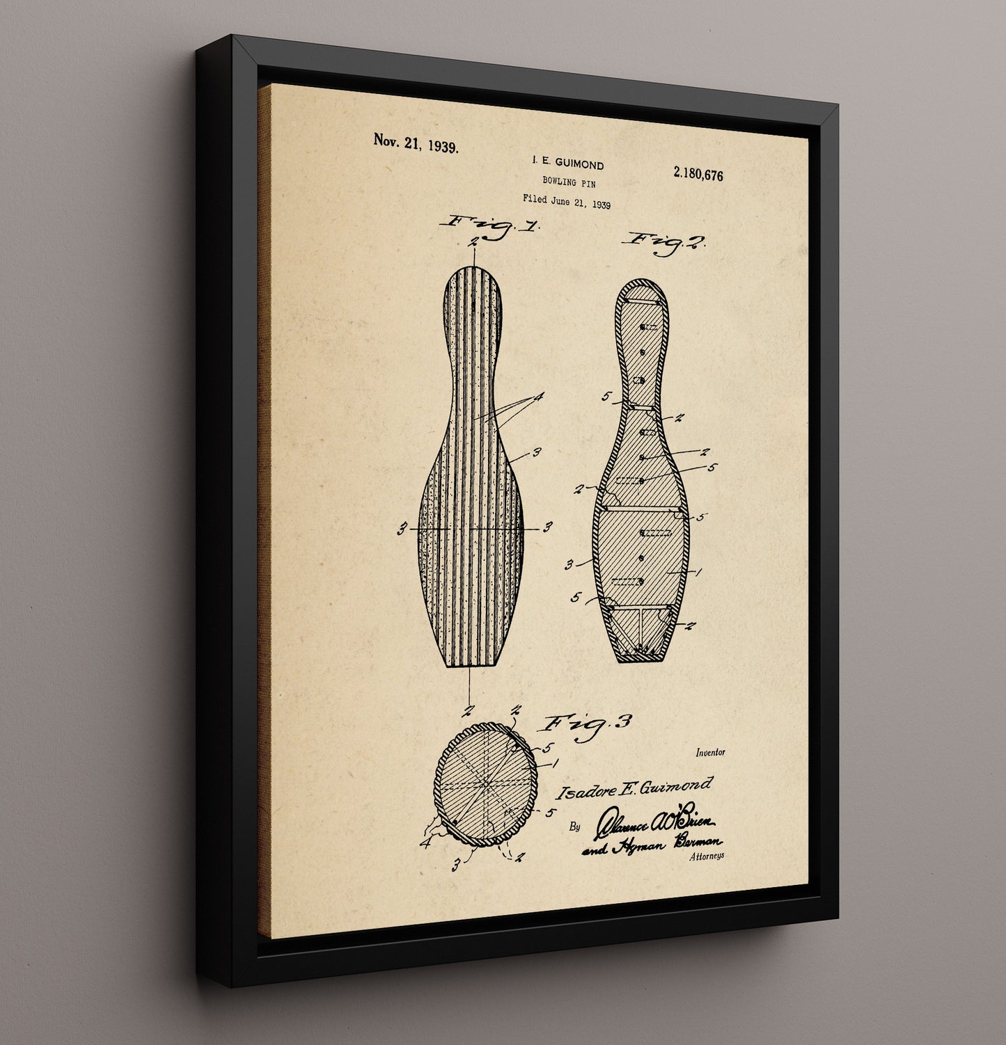 Patent Print - Bowling Pin - I E Guimond - 1939 - Patent 2180676 Patent Wall Art