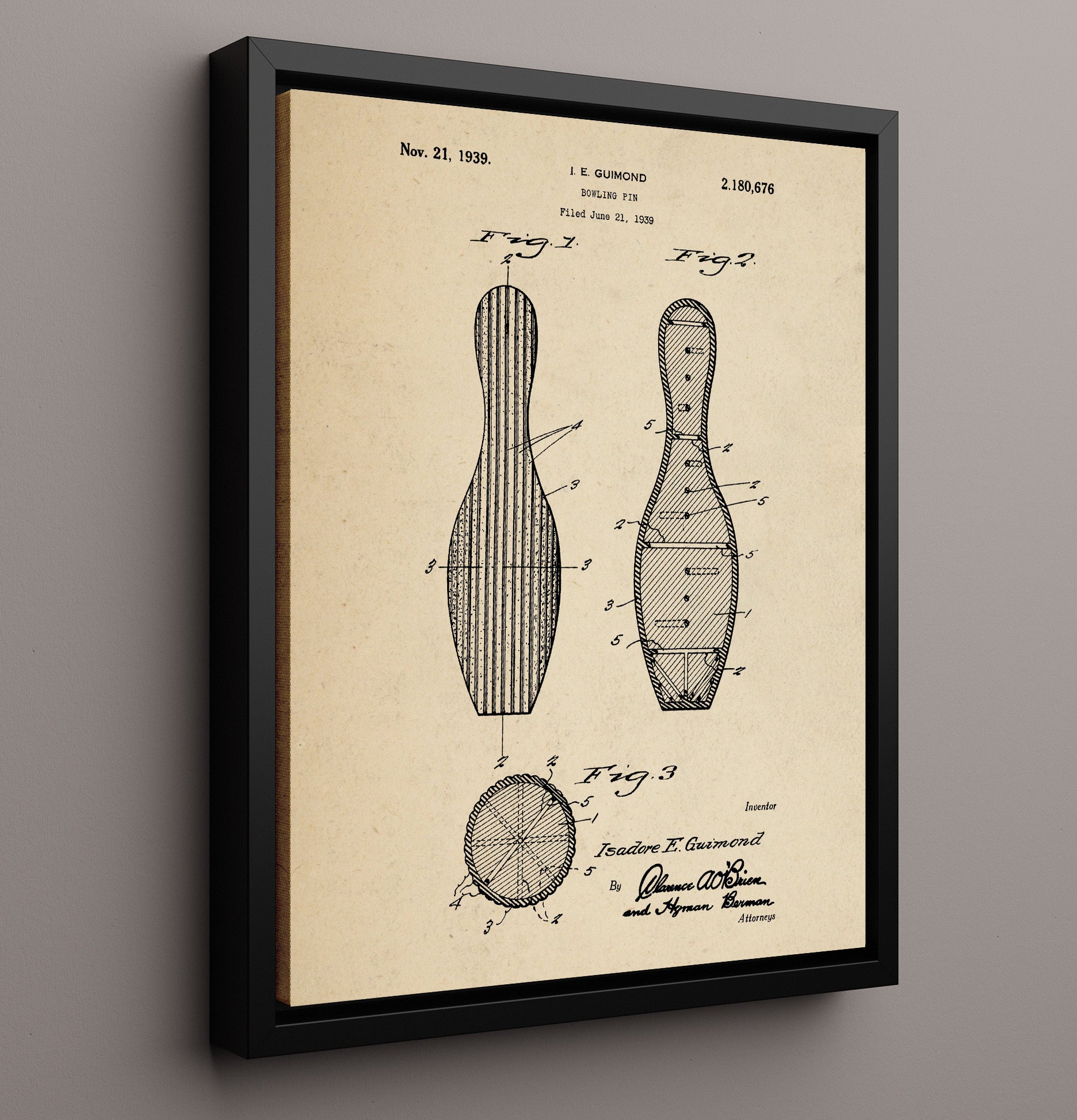 Patent Print - Bowling Pin - I E Guimond - 1939 - Patent 2180676 Patent Wall Art