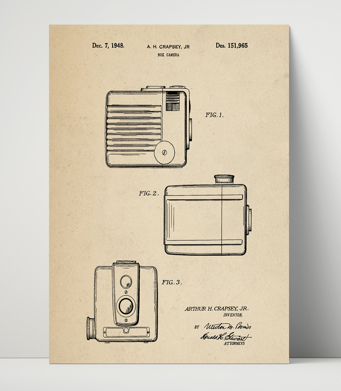 Patent Print - Box Camera - A.H. Crapsey Jr. - 1948 - Patent D151965 Patent Wall Art