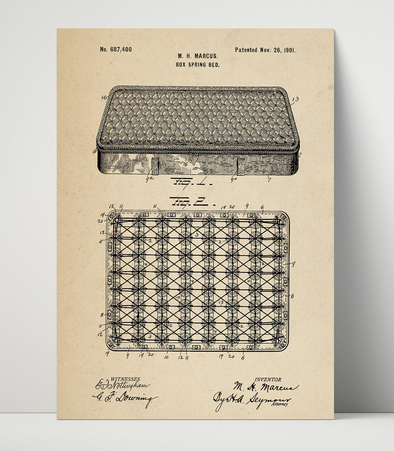 Patent Print - Box Spring Bed - M H Marcus - 1901 - Patent 687400 Patent Wall Art