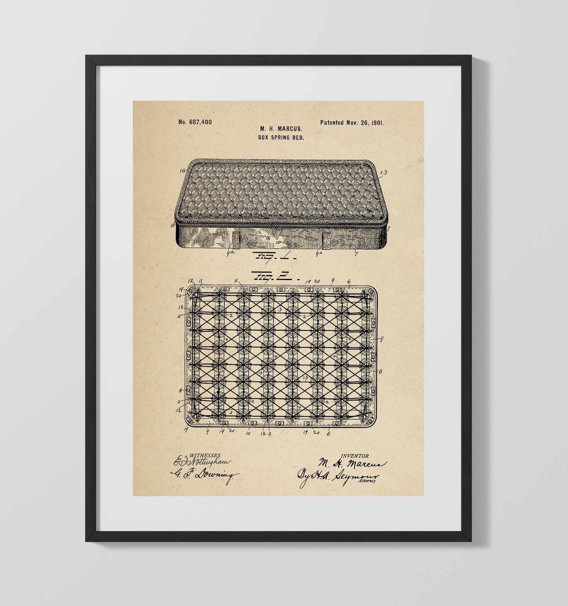 Patent Print - Box Spring Bed - M H Marcus - 1901 - Patent 687400 Patent Wall Art