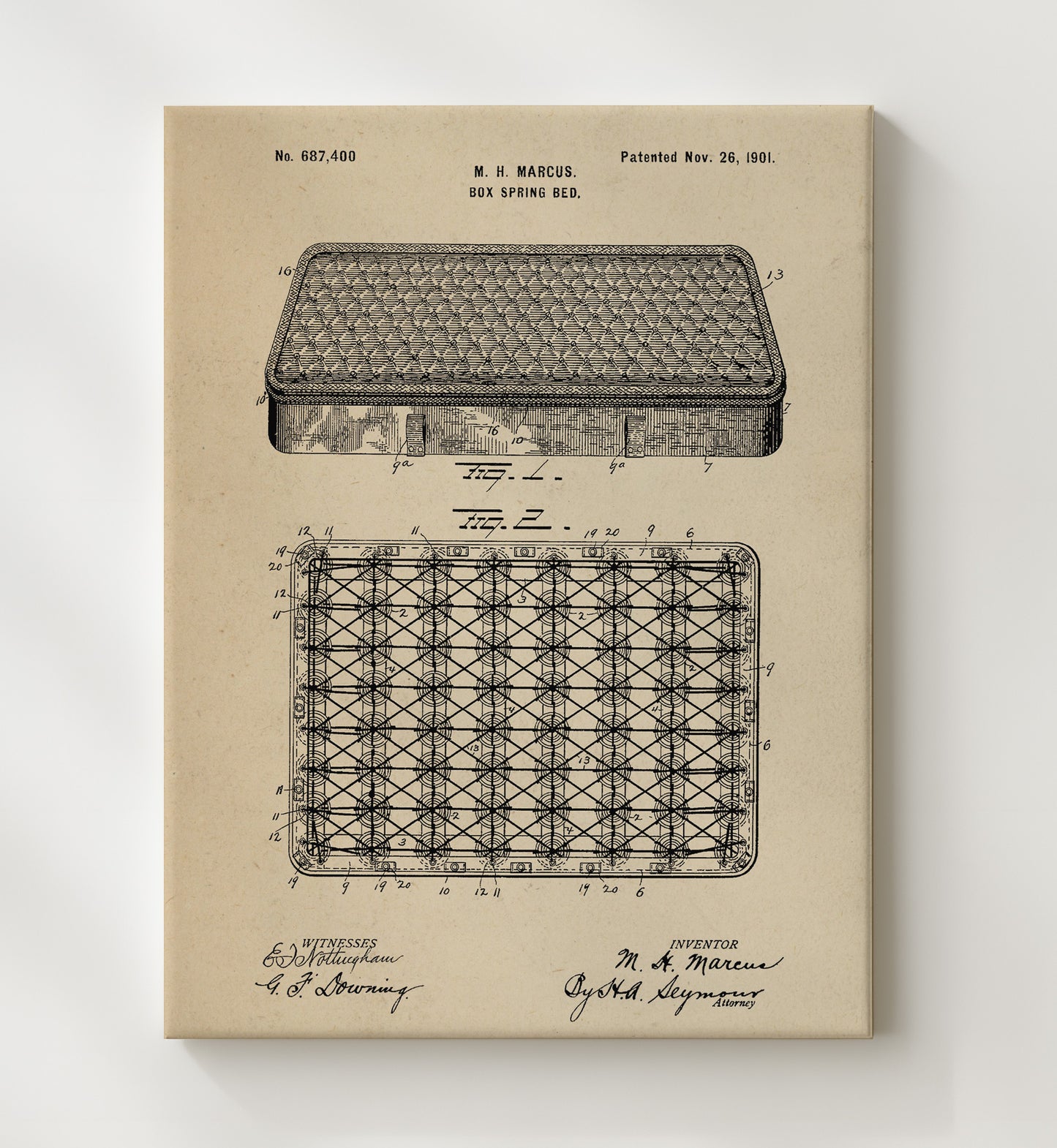 Patent Print - Box Spring Bed - M H Marcus - 1901 - Patent 687400 Patent Wall Art