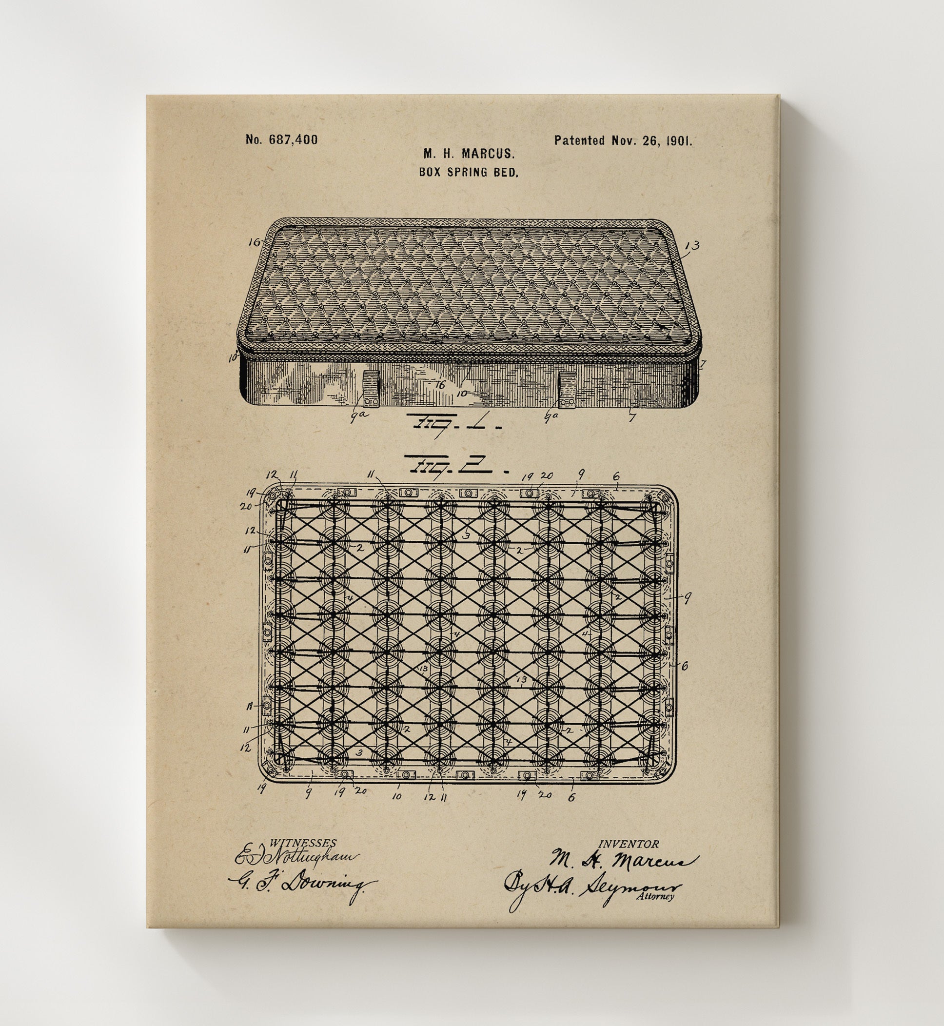 Patent Print - Box Spring Bed - M H Marcus - 1901 - Patent 687400 Patent Wall Art