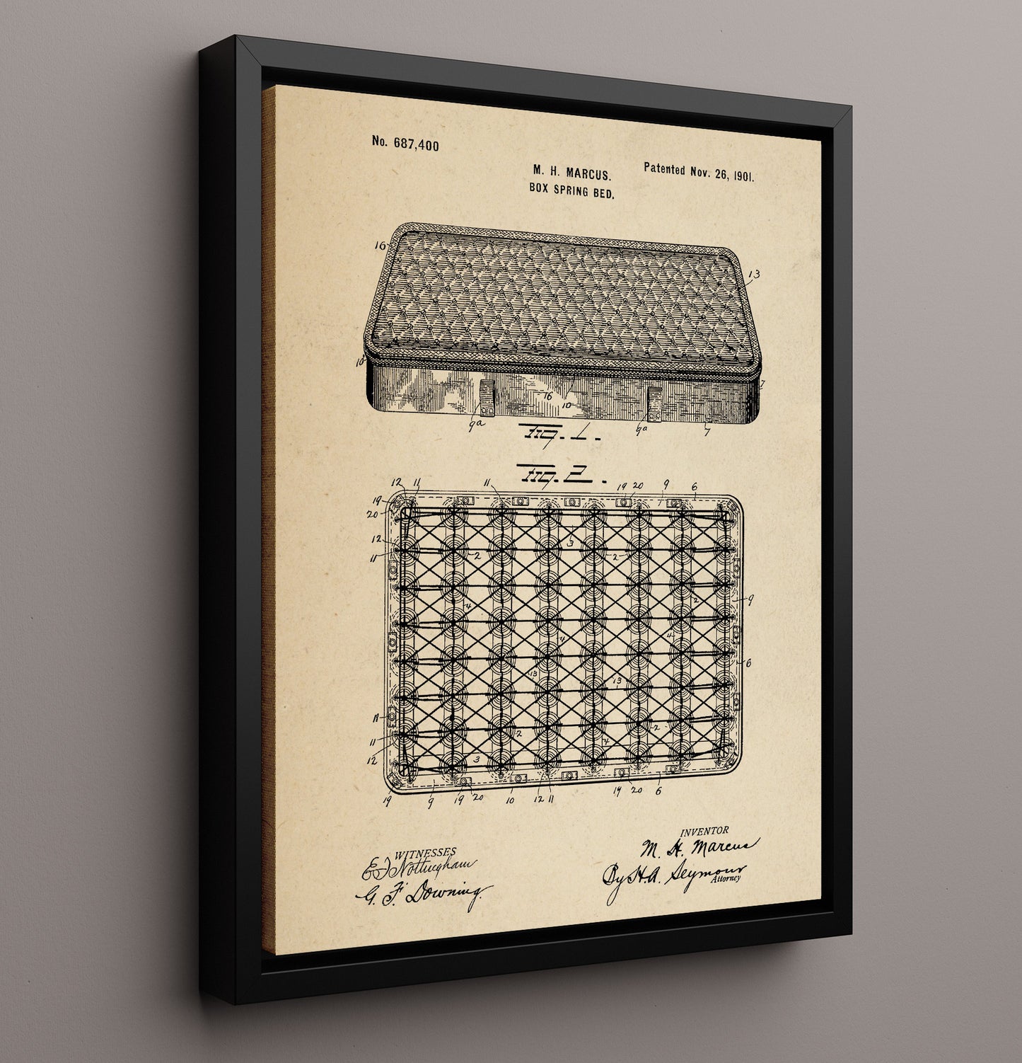 Patent Print - Box Spring Bed - M H Marcus - 1901 - Patent 687400 Patent Wall Art