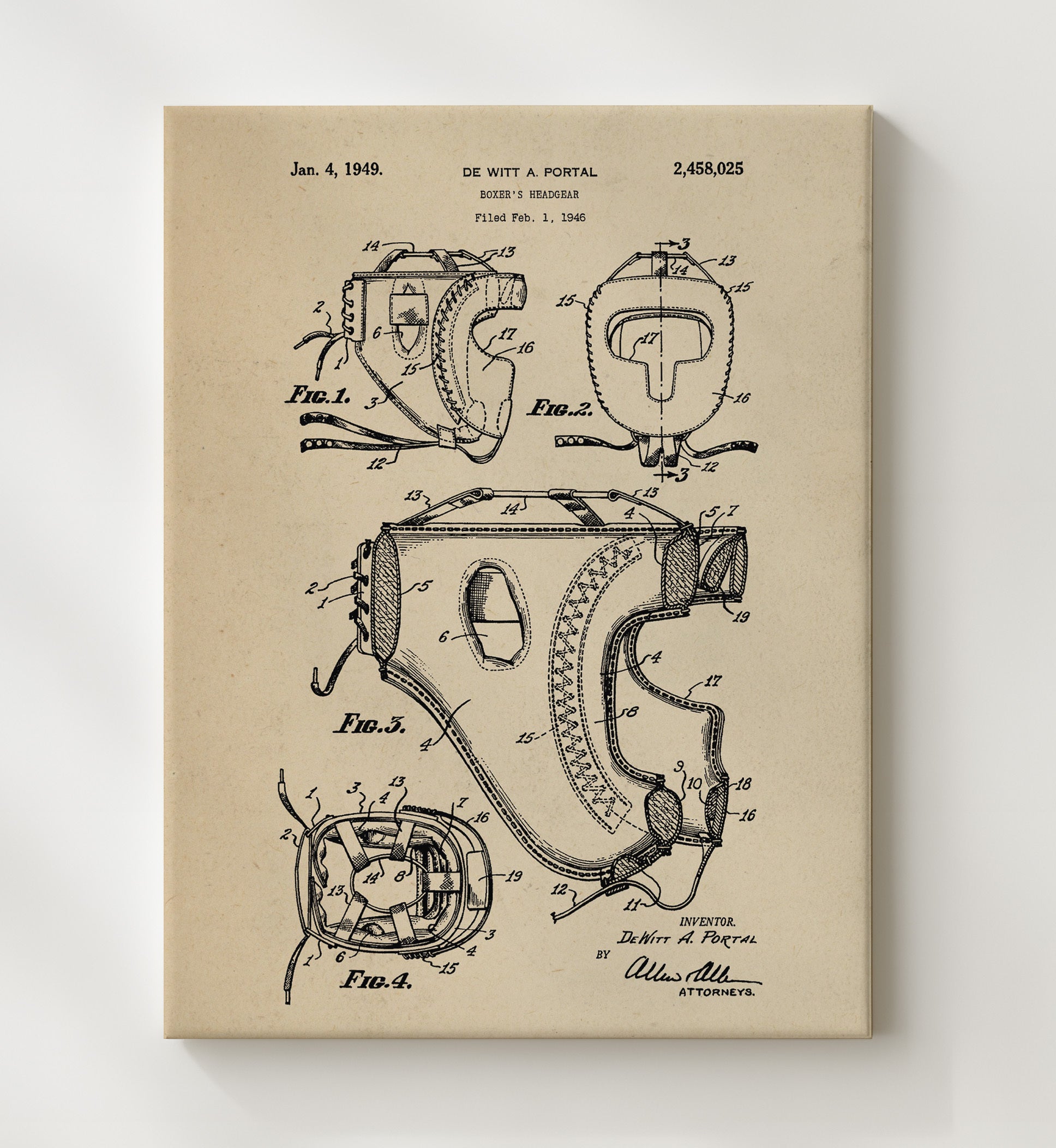 Patent Print - Boxers Headgear - De Witt A Portal - 1949 - Patent 2458025 Patent Wall Art