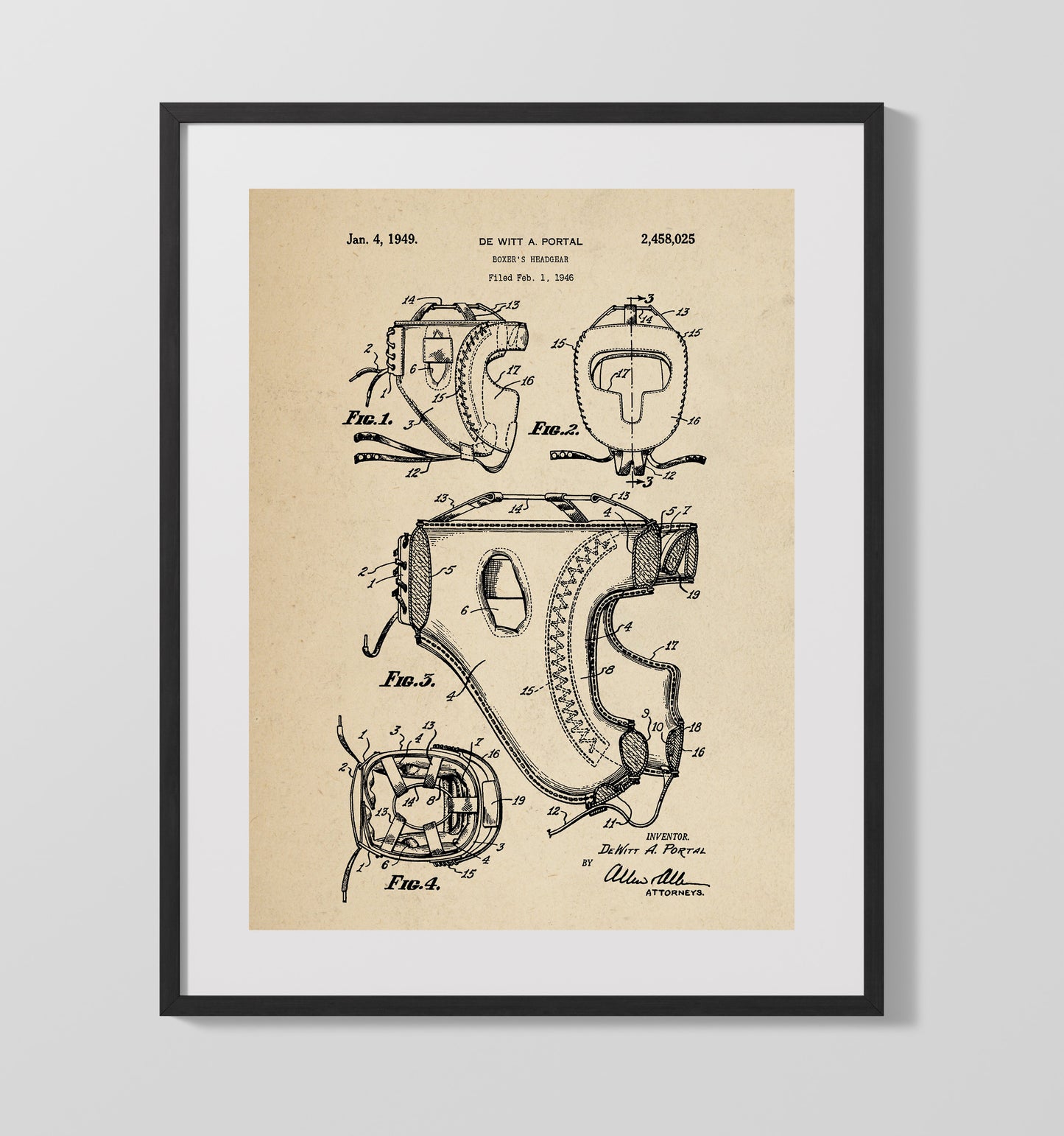 Patent Print - Boxers Headgear - De Witt A Portal - 1949 - Patent 2458025 Patent Wall Art