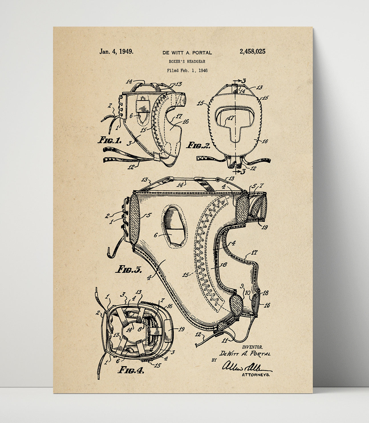 Patent Print - Boxers Headgear - De Witt A Portal - 1949 - Patent 2458025 Patent Wall Art