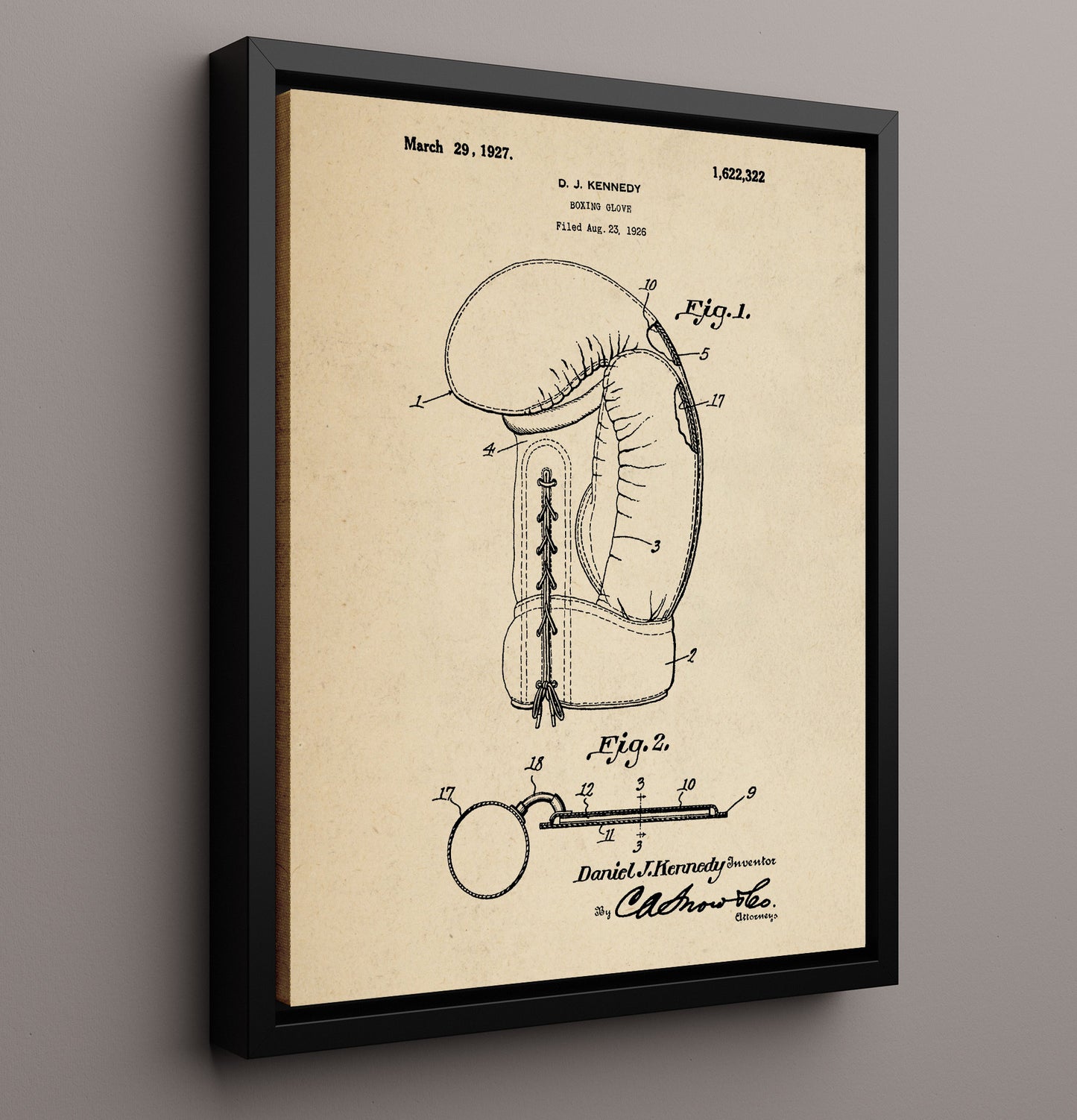 Patent Print - Boxing Glove - D J Kennedy - 1927 - Patent 1622322 Patent Wall Art