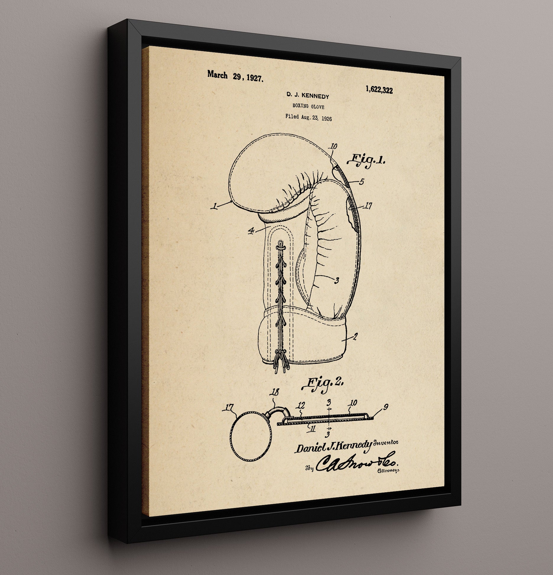 Patent Print - Boxing Glove - D J Kennedy - 1927 - Patent 1622322 Patent Wall Art