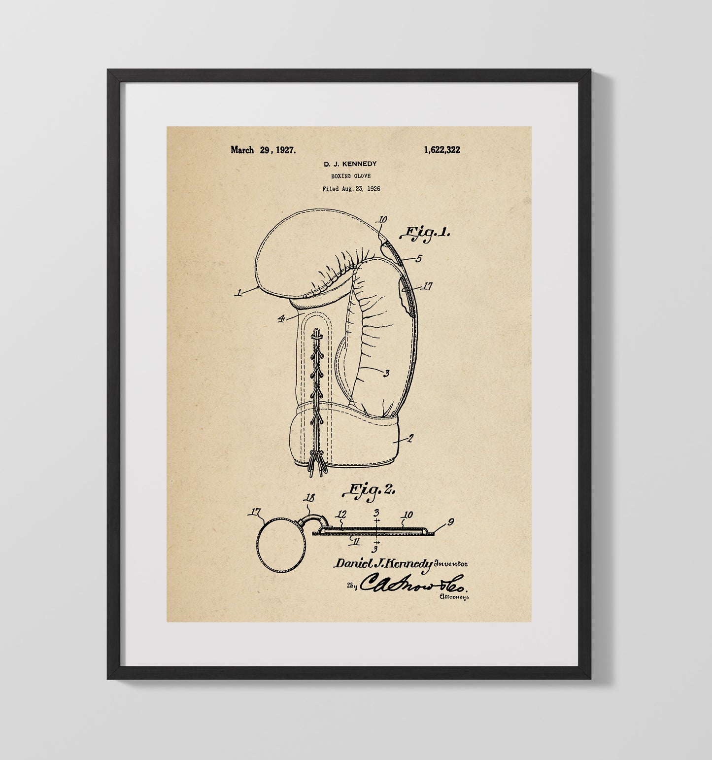 Patent Print - Boxing Glove - D J Kennedy - 1927 - Patent 1622322 Patent Wall Art