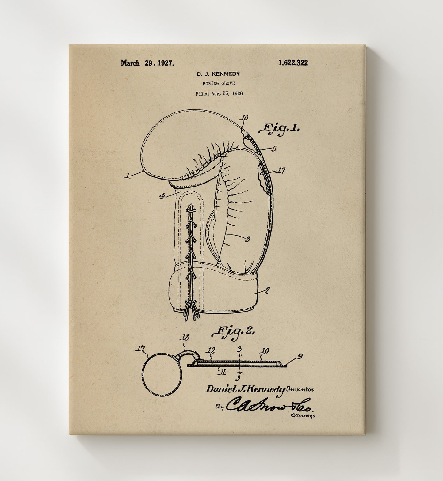 Patent Print - Boxing Glove - D J Kennedy - 1927 - Patent 1622322 Patent Wall Art