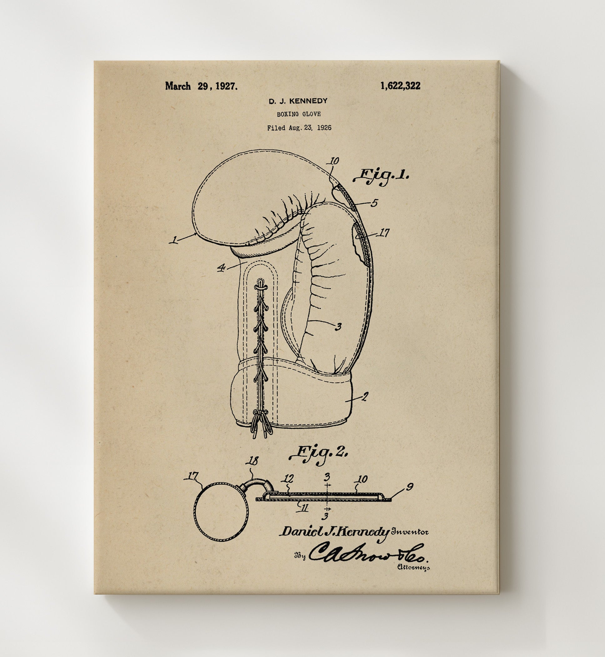 Patent Print - Boxing Glove - D J Kennedy - 1927 - Patent 1622322 Patent Wall Art