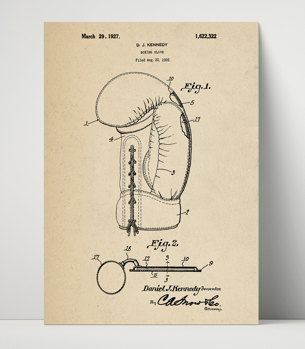 Patent Print - Boxing Glove - D J Kennedy - 1927 - Patent 1622322 Patent Wall Art