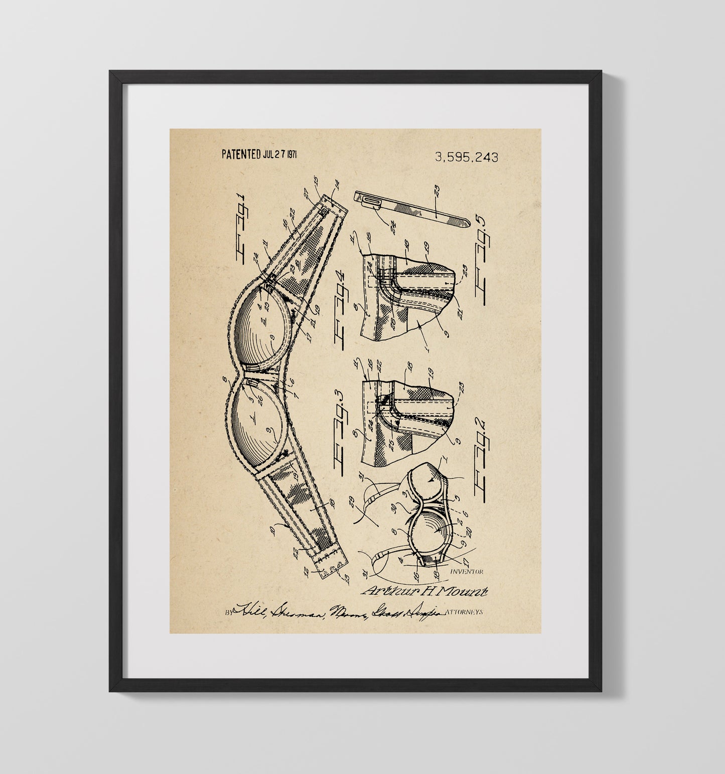 Patent Print - Brassiere Construction - Arthur H. Mount - 1971 - Patent 3595243 Patent Wall Art