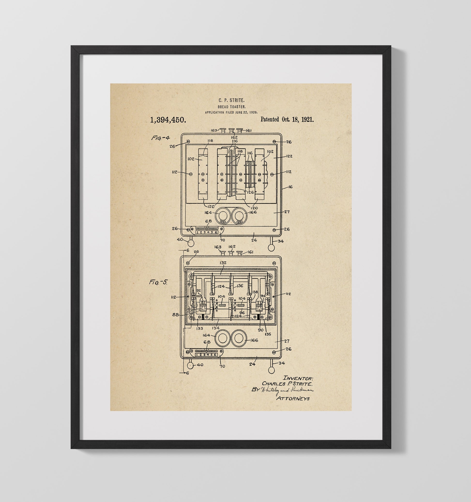 Patent Print - Bread Toaster - C.P. Strite - 1921 - Patent 1394450 Patent Wall Art