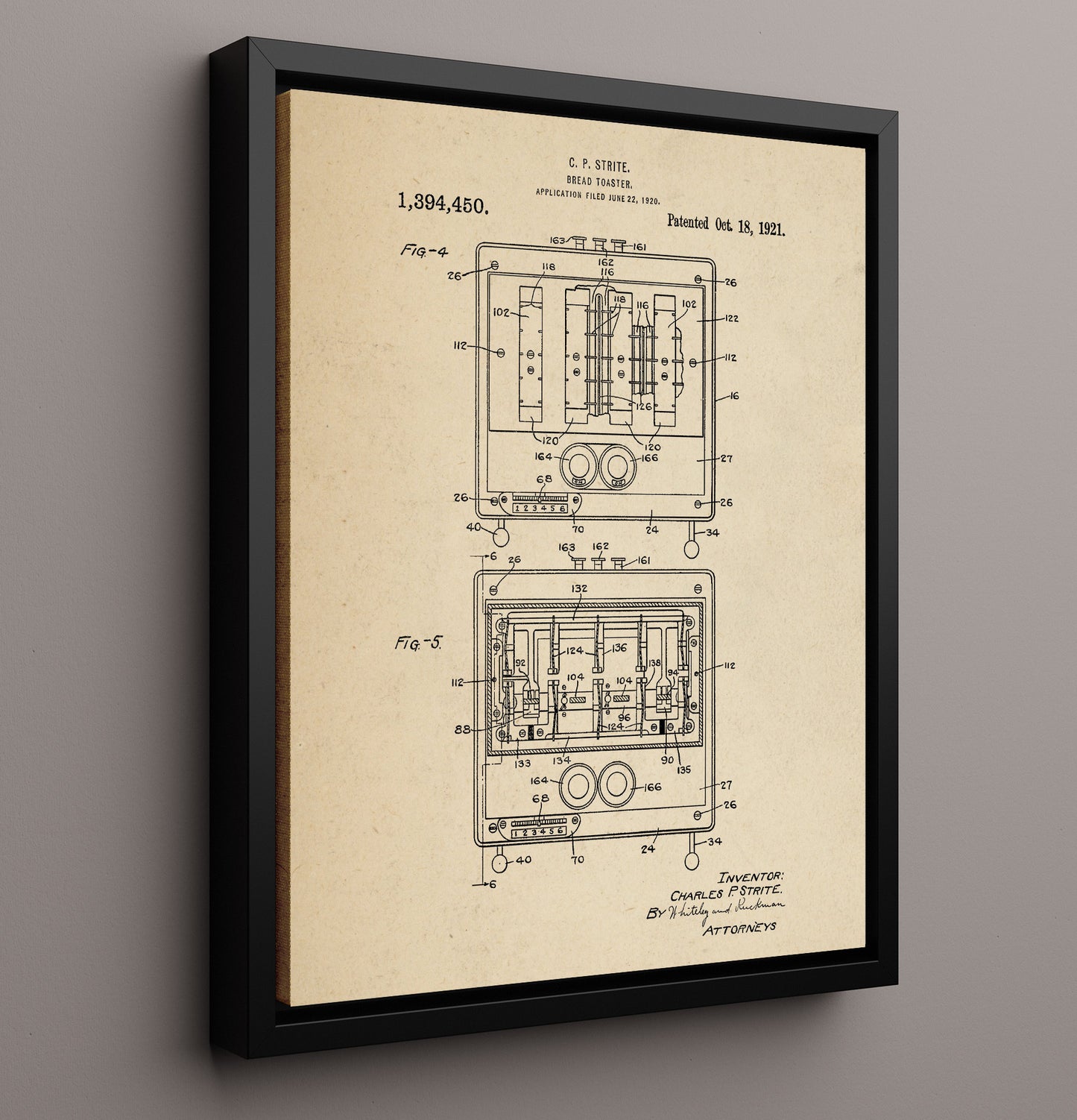 Patent Print - Bread Toaster - C.P. Strite - 1921 - Patent 1394450 Patent Wall Art