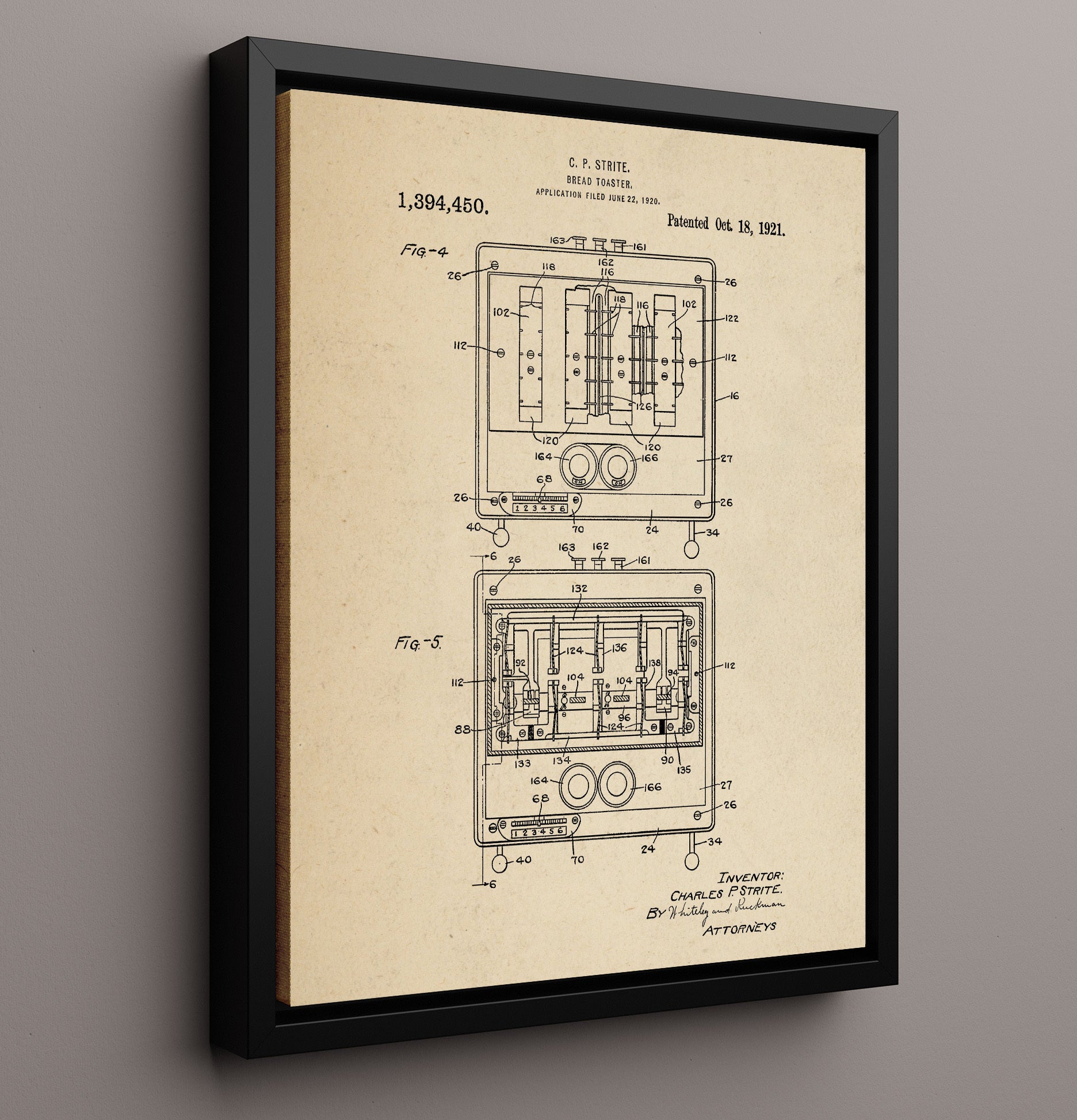 Patent Print - Bread Toaster - C.P. Strite - 1921 - Patent 1394450 Patent Wall Art