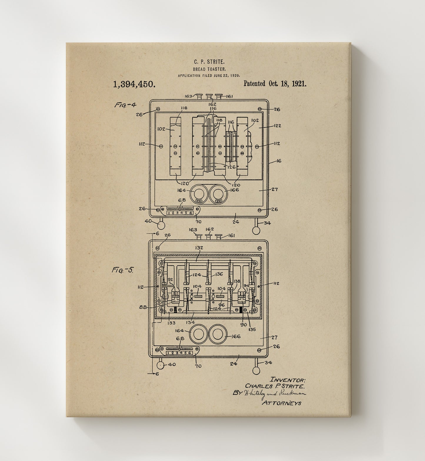 Patent Print - Bread Toaster - C.P. Strite - 1921 - Patent 1394450 Patent Wall Art