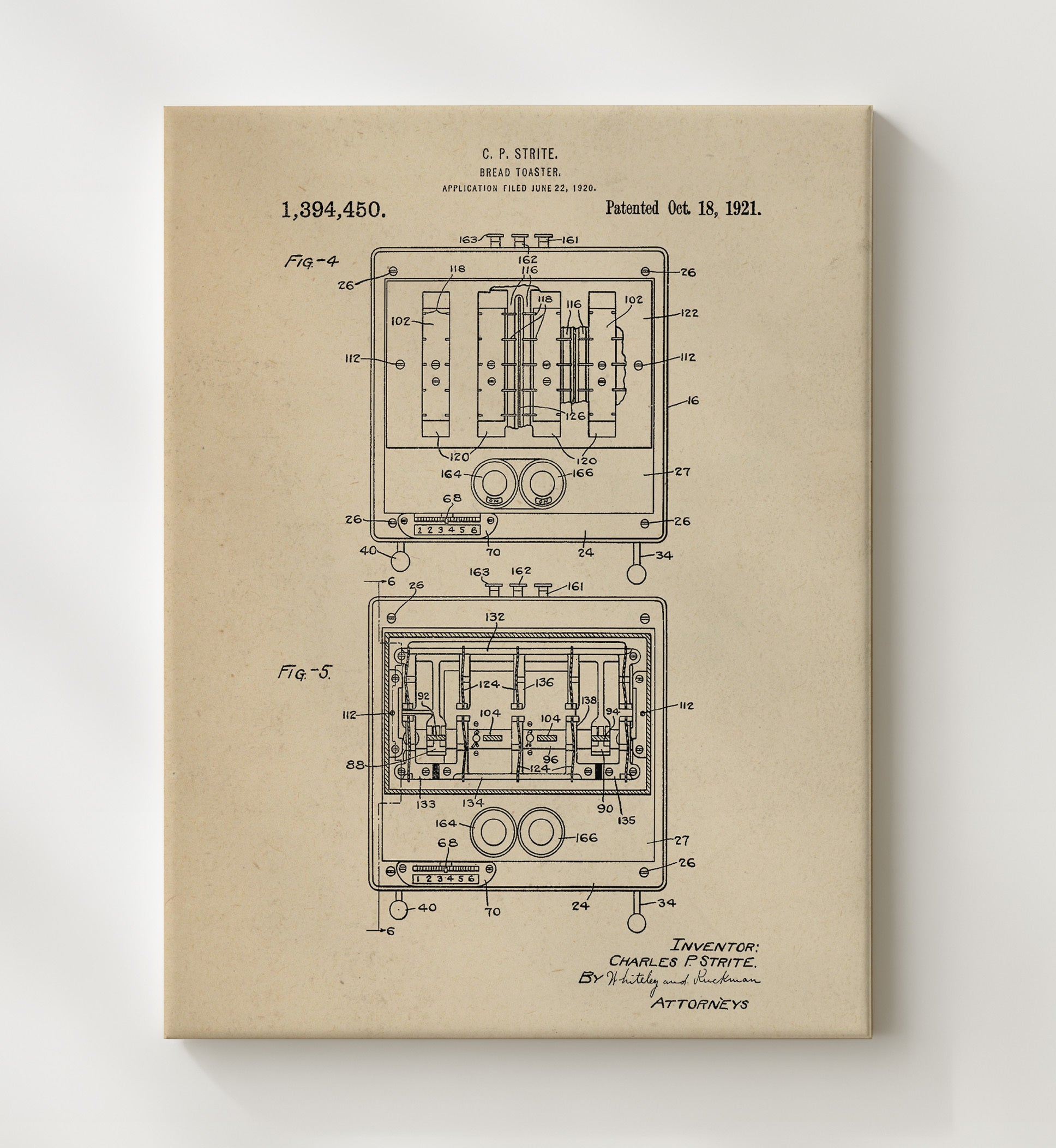 Patent Print - Bread Toaster - C.P. Strite - 1921 - Patent 1394450 Patent Wall Art