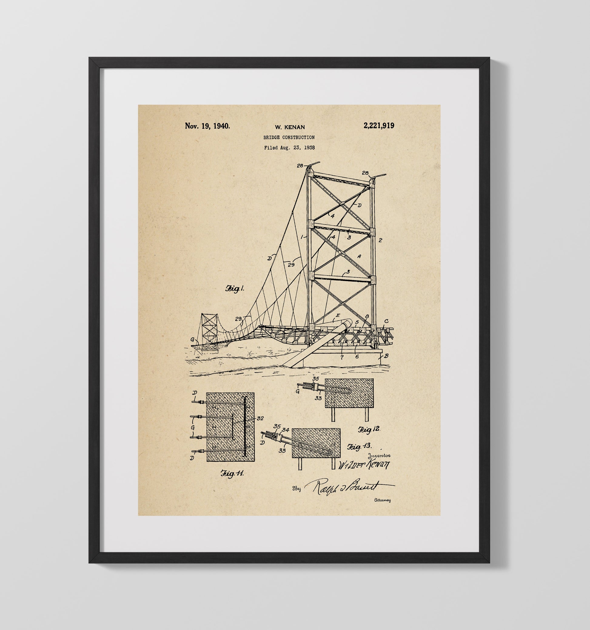 Patent Print - Bridge Construction - W Kenan - 1940 - Patent 2221919 Patent Wall Art