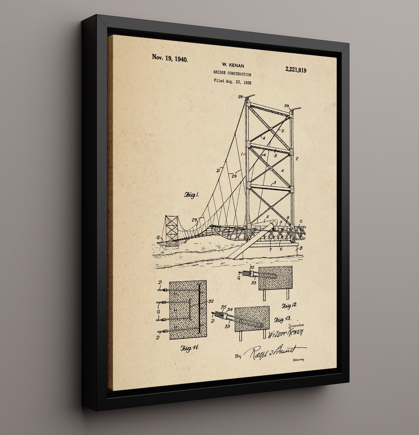 Patent Print - Bridge Construction - W Kenan - 1940 - Patent 2221919 Patent Wall Art