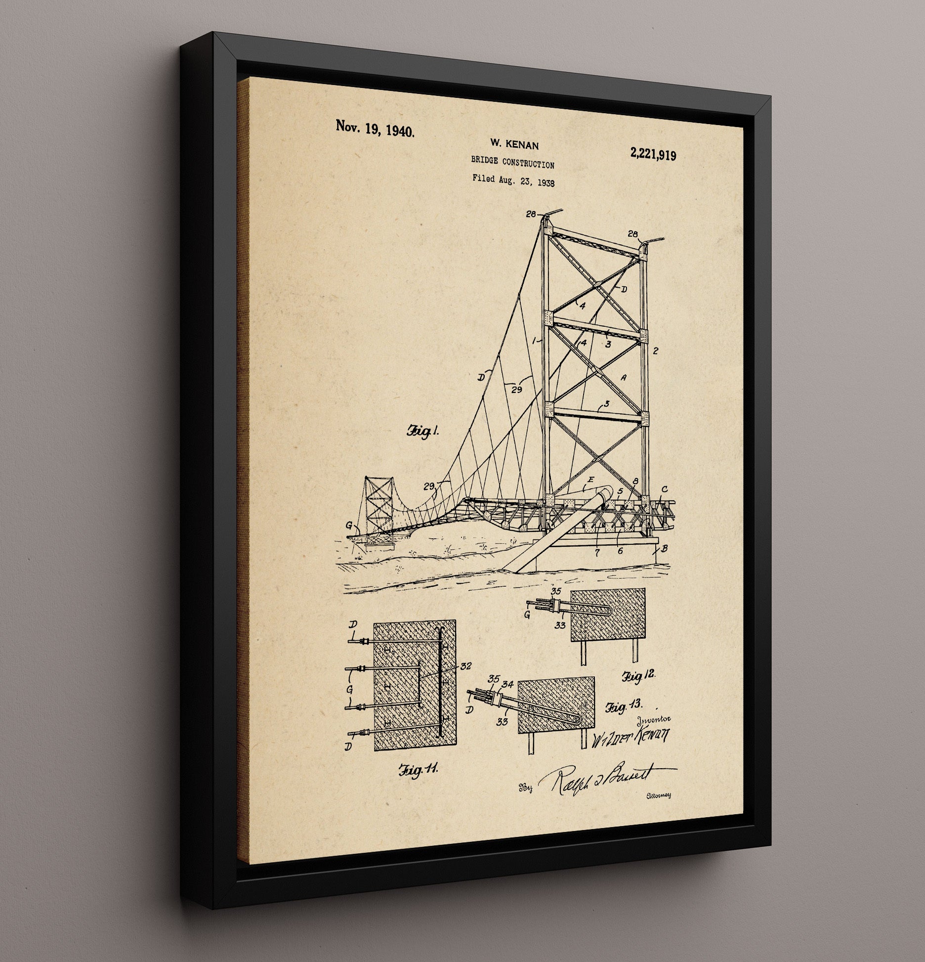 Patent Print - Bridge Construction - W Kenan - 1940 - Patent 2221919 Patent Wall Art