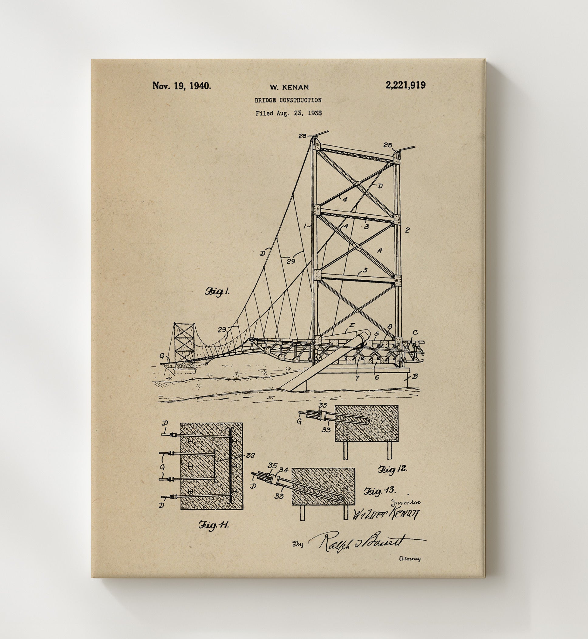Patent Print - Bridge Construction - W Kenan - 1940 - Patent 2221919 Patent Wall Art