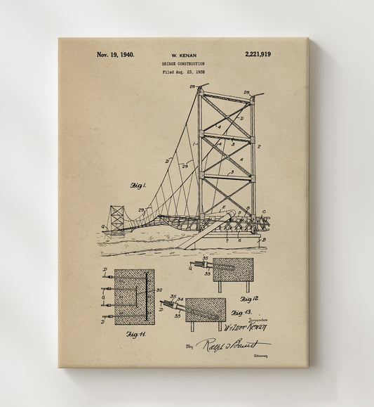Bridge Construction 1940 patent print wall art 8x10 Canvas