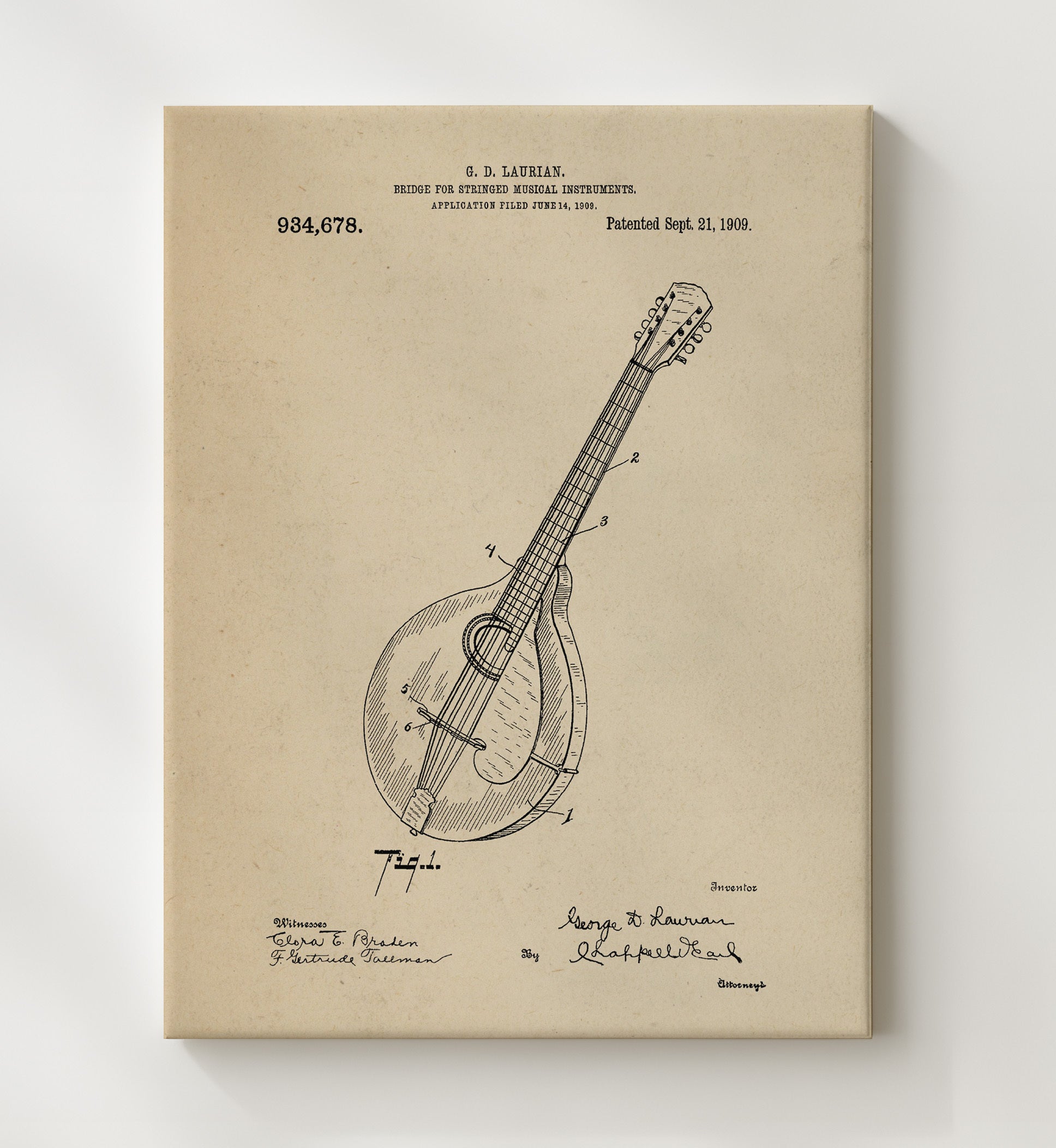 Patent Print - Bridge For Stringed Musical Instruments - G. D. Laurian - 1909 - Patent 934678 Patent Wall Art