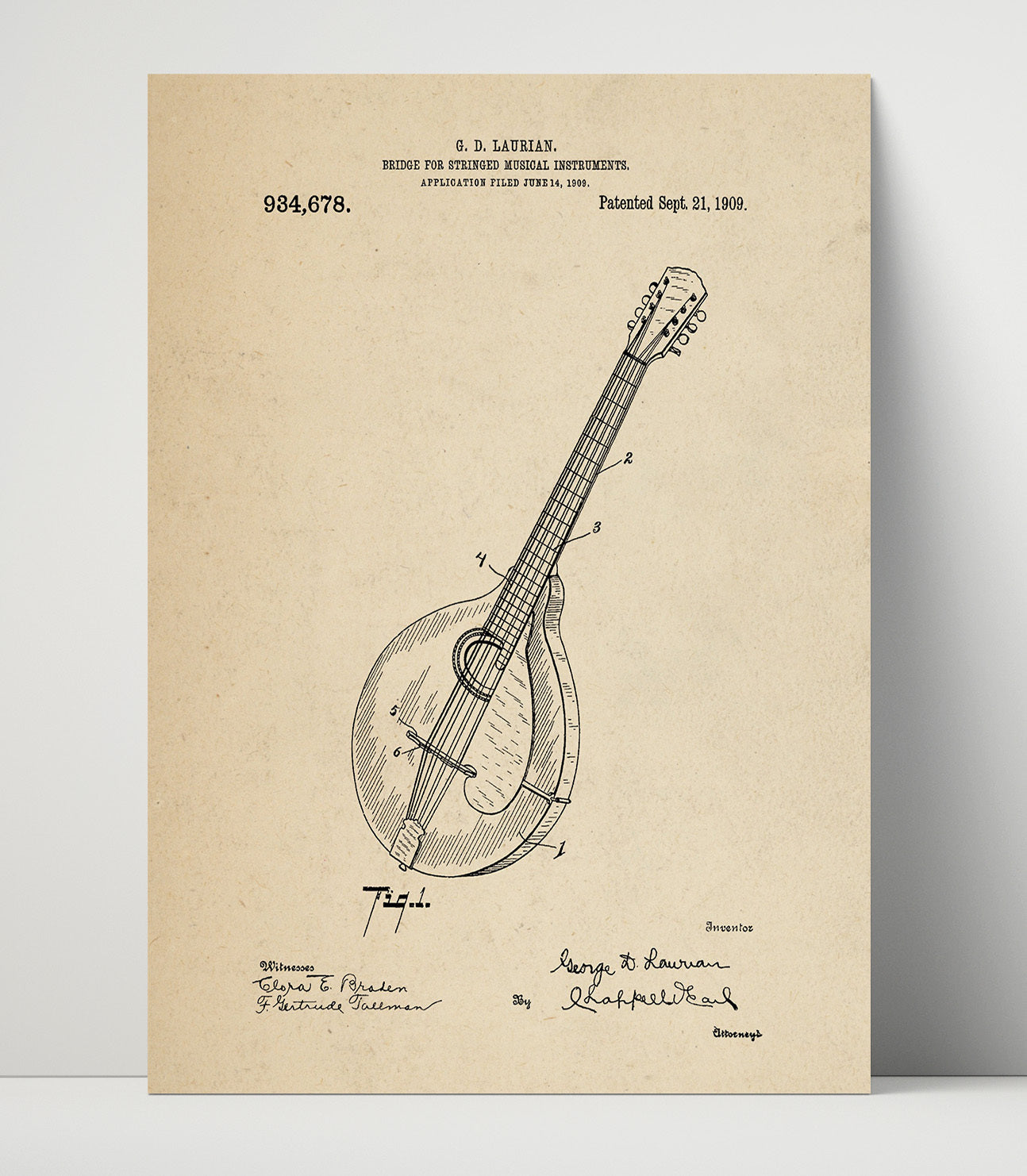 Patent Print - Bridge For Stringed Musical Instruments - G. D. Laurian - 1909 - Patent 934678 Patent Wall Art