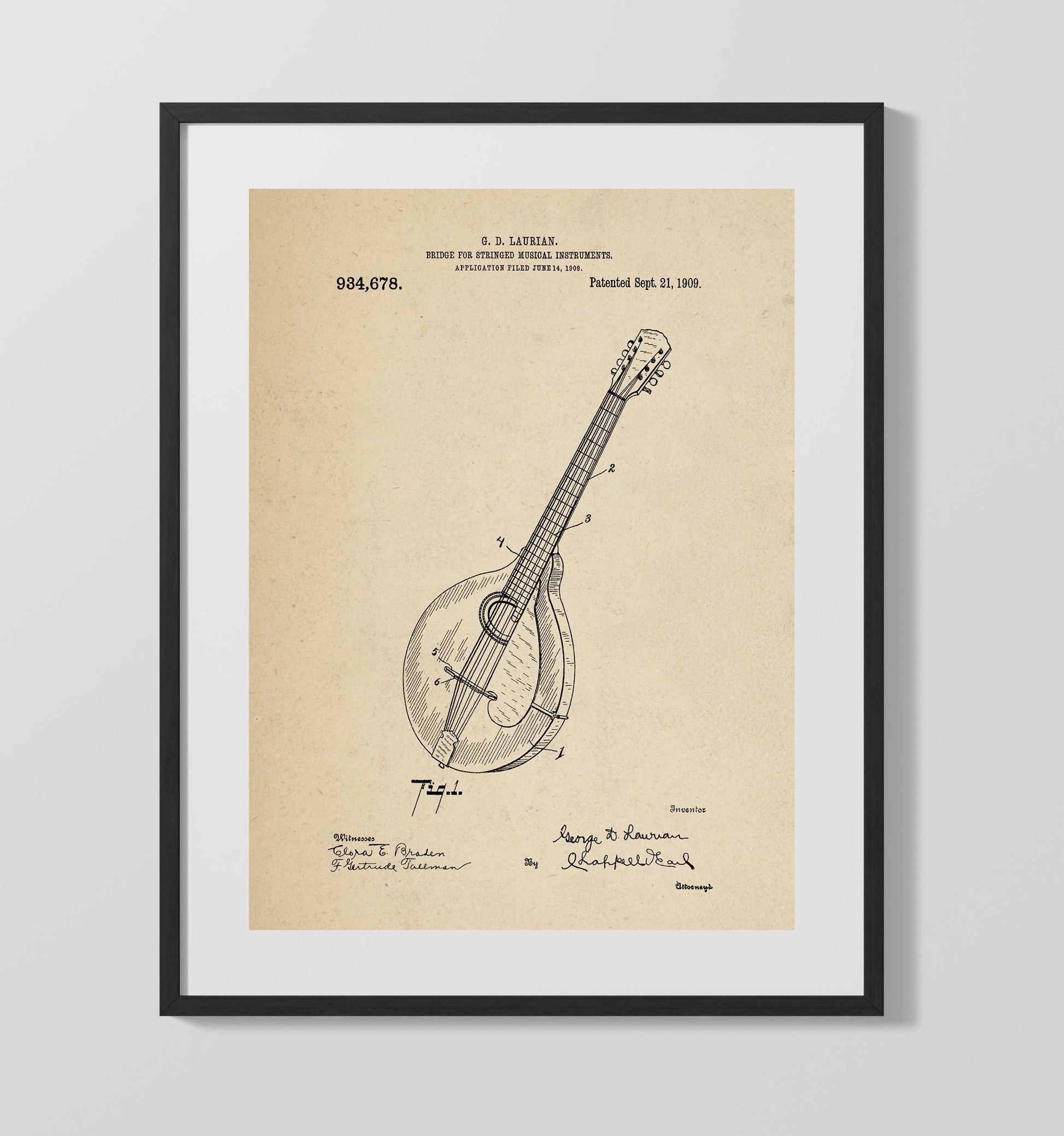 Patent Print - Bridge For Stringed Musical Instruments - G. D. Laurian - 1909 - Patent 934678 Patent Wall Art