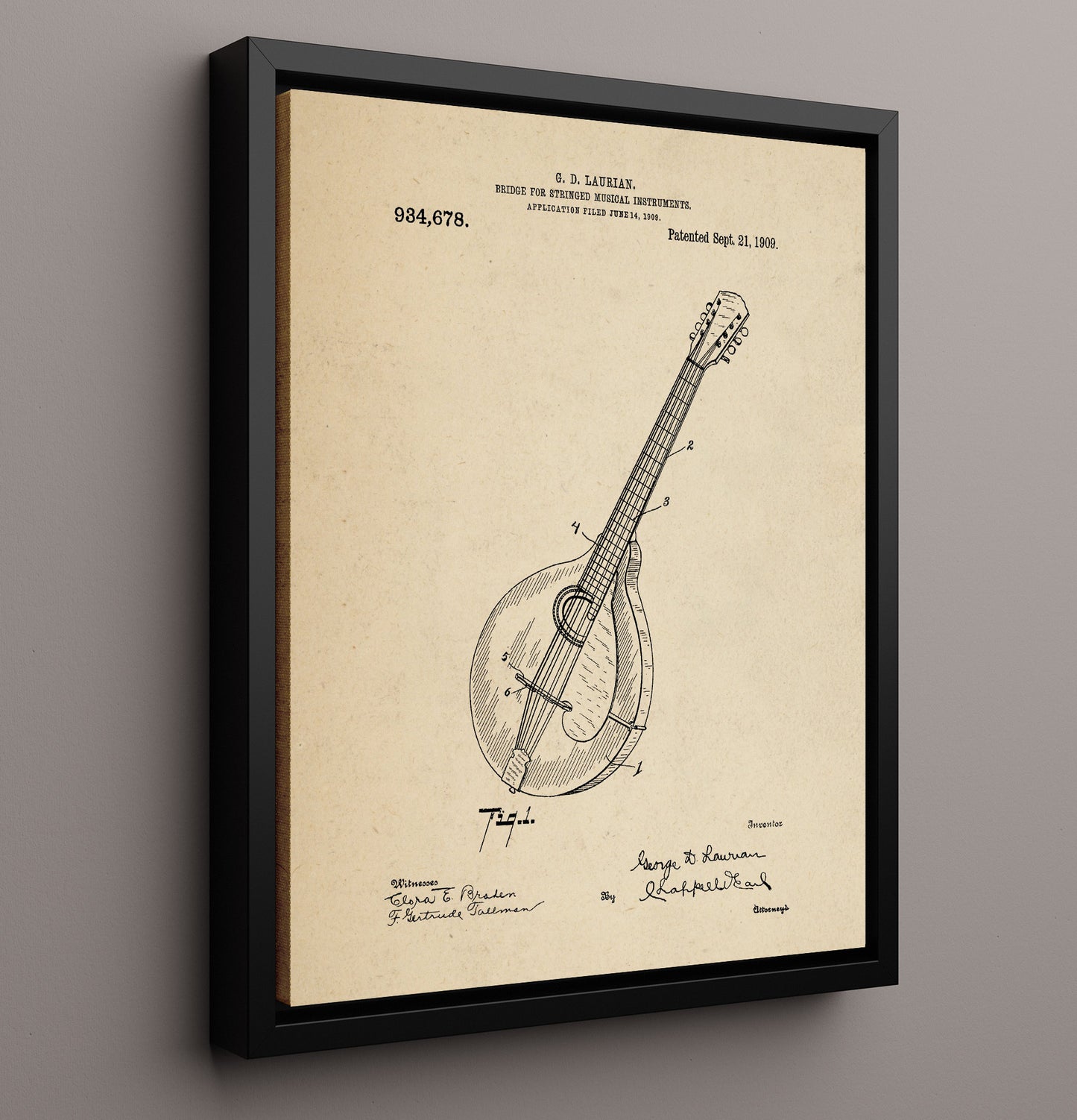 Patent Print - Bridge For Stringed Musical Instruments - G. D. Laurian - 1909 - Patent 934678 Patent Wall Art