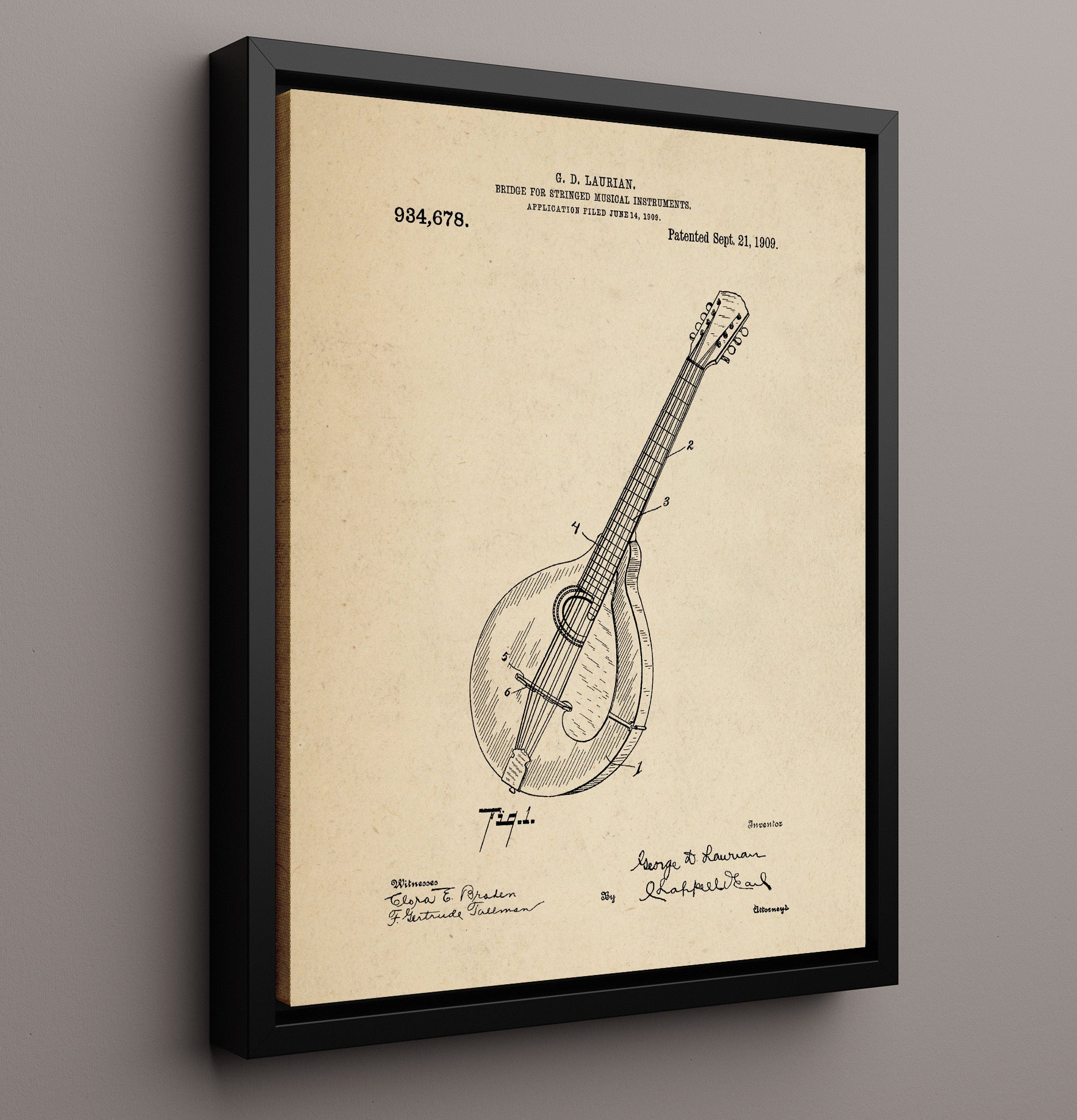 Patent Print - Bridge For Stringed Musical Instruments - G. D. Laurian - 1909 - Patent 934678 Patent Wall Art
