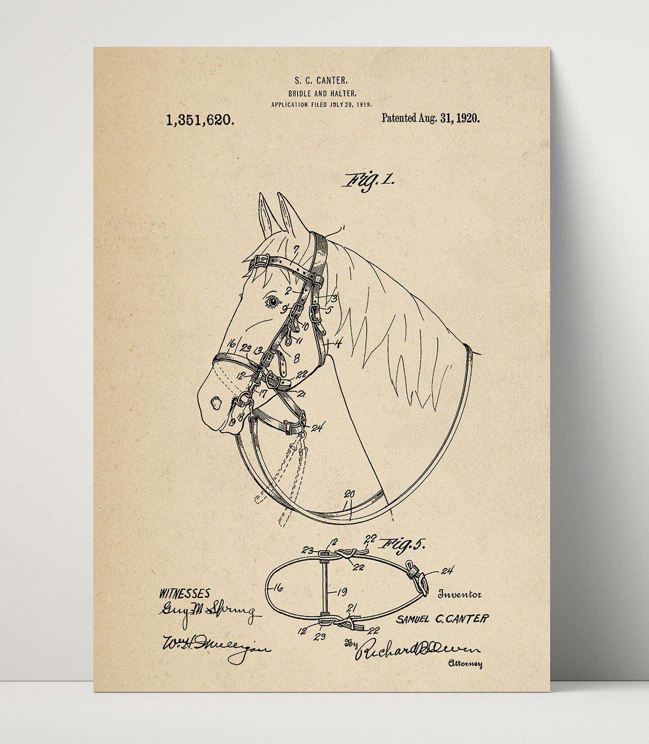 Patent Print - Bridle And Halter - Samuel C. Canter - 1920 - Patent 1351620 Patent Wall Art