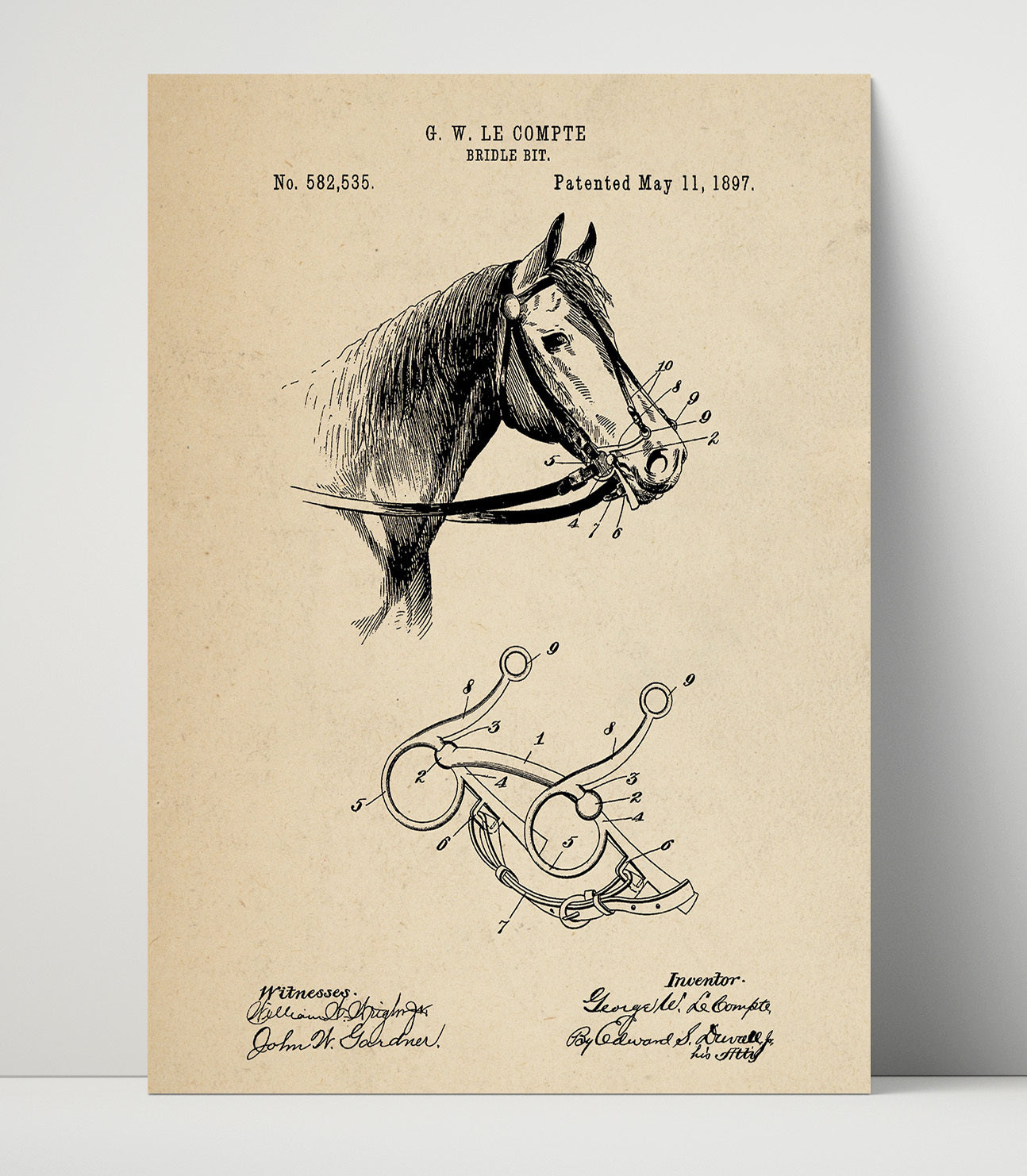 Patent Print - Bridle Bit - George W. Le Compte - 1897 - Patent 582535 Patent Wall Art
