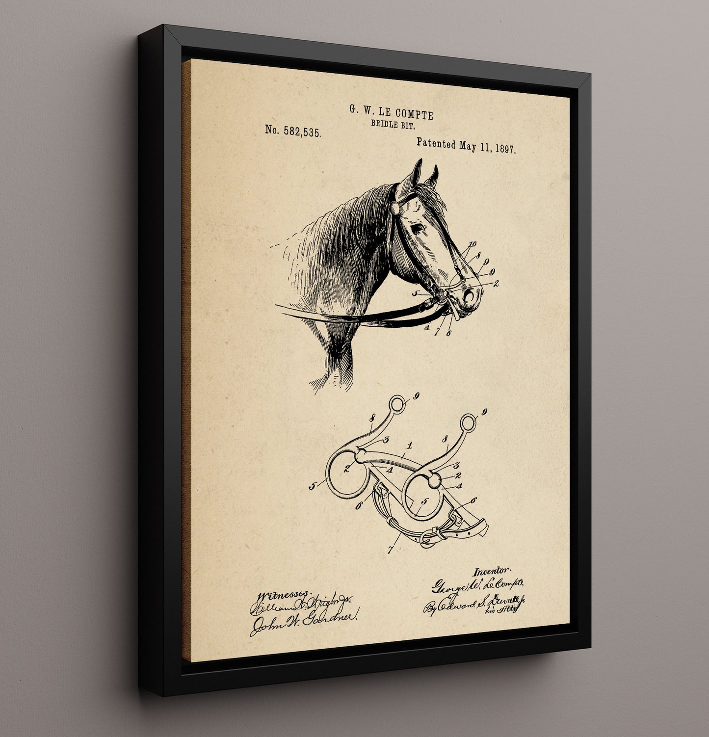 Patent Print - Bridle Bit - George W. Le Compte - 1897 - Patent 582535 Patent Wall Art