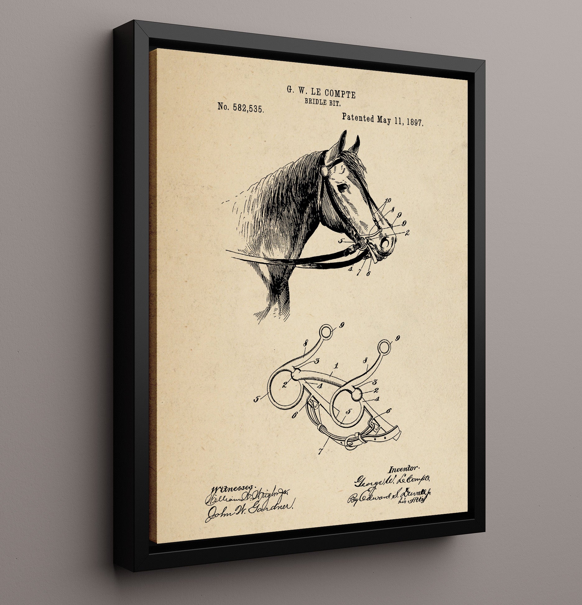 Patent Print - Bridle Bit - George W. Le Compte - 1897 - Patent 582535 Patent Wall Art