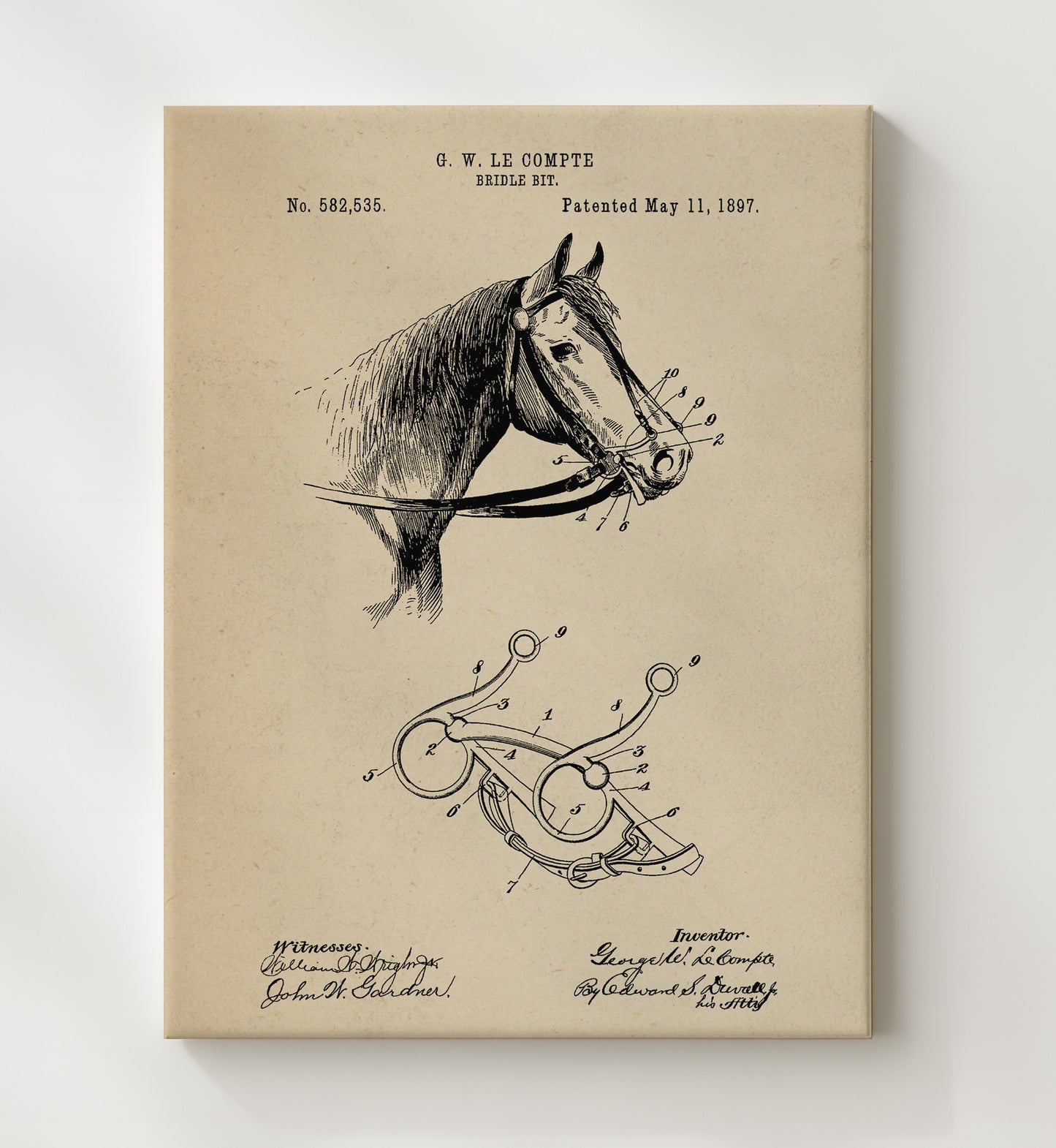 Patent Print - Bridle Bit - George W. Le Compte - 1897 - Patent 582535 Patent Wall Art