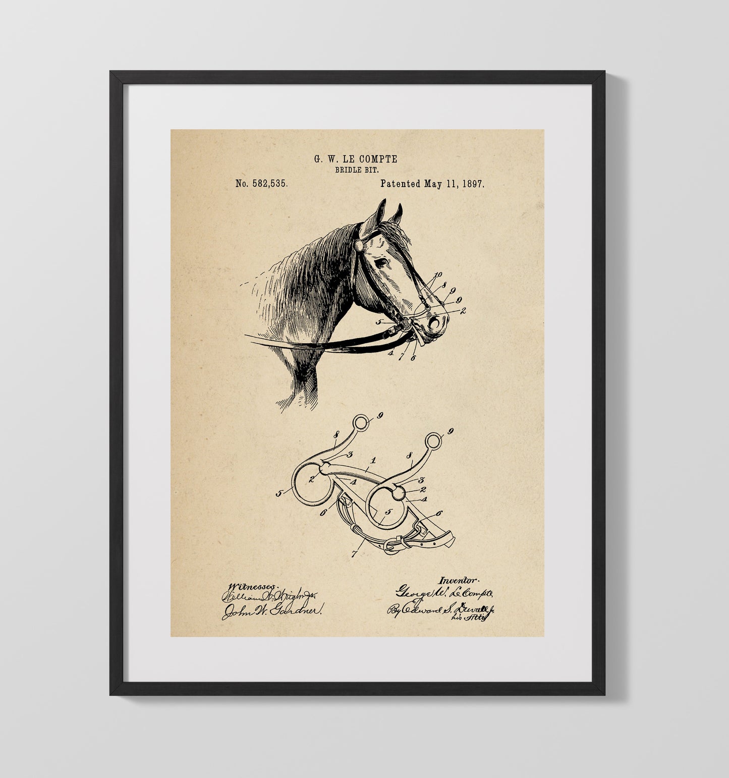 Patent Print - Bridle Bit - George W. Le Compte - 1897 - Patent 582535 Patent Wall Art
