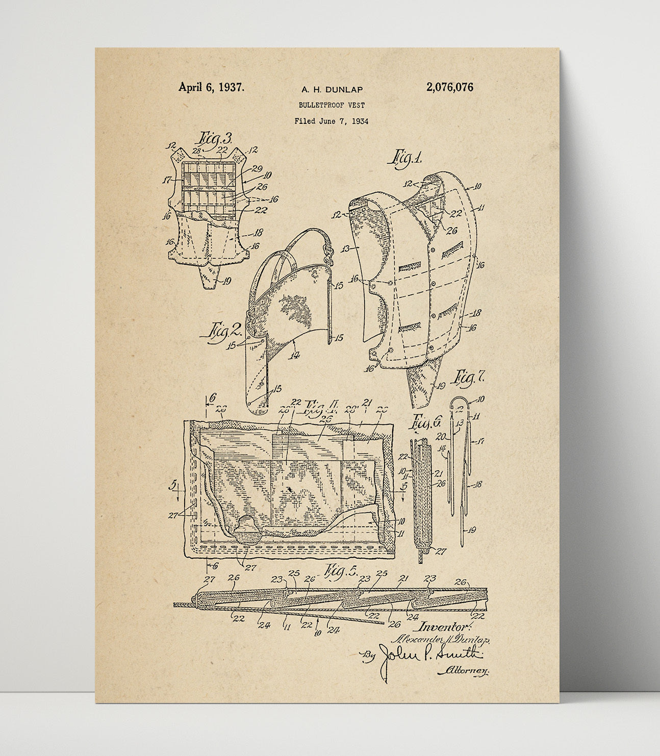 Patent Print - Bulletproof Vest - Alexander H. Dunlap - 1937 - Patent 2076076 Patent Wall Art
