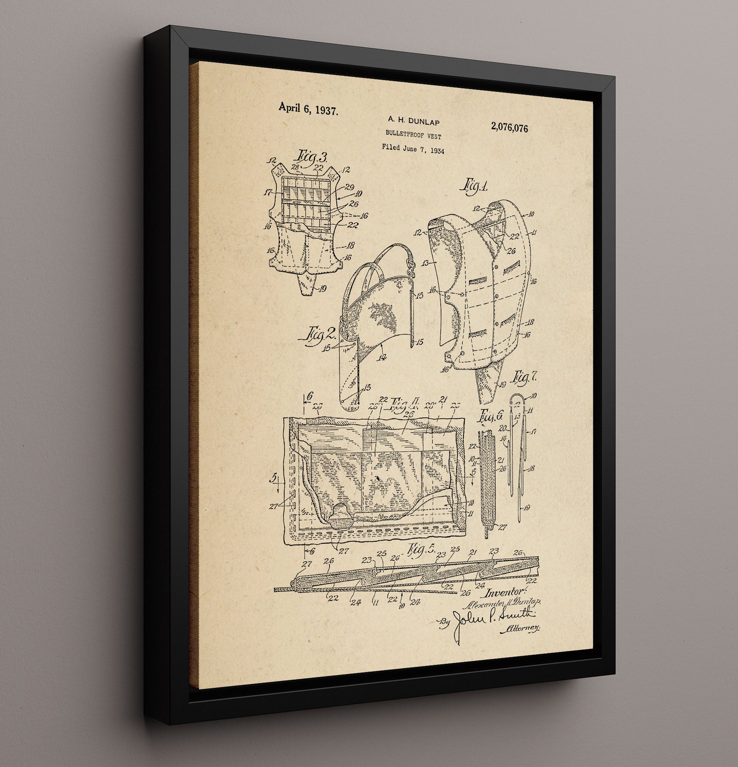 Patent Print - Bulletproof Vest - Alexander H. Dunlap - 1937 - Patent 2076076 Patent Wall Art
