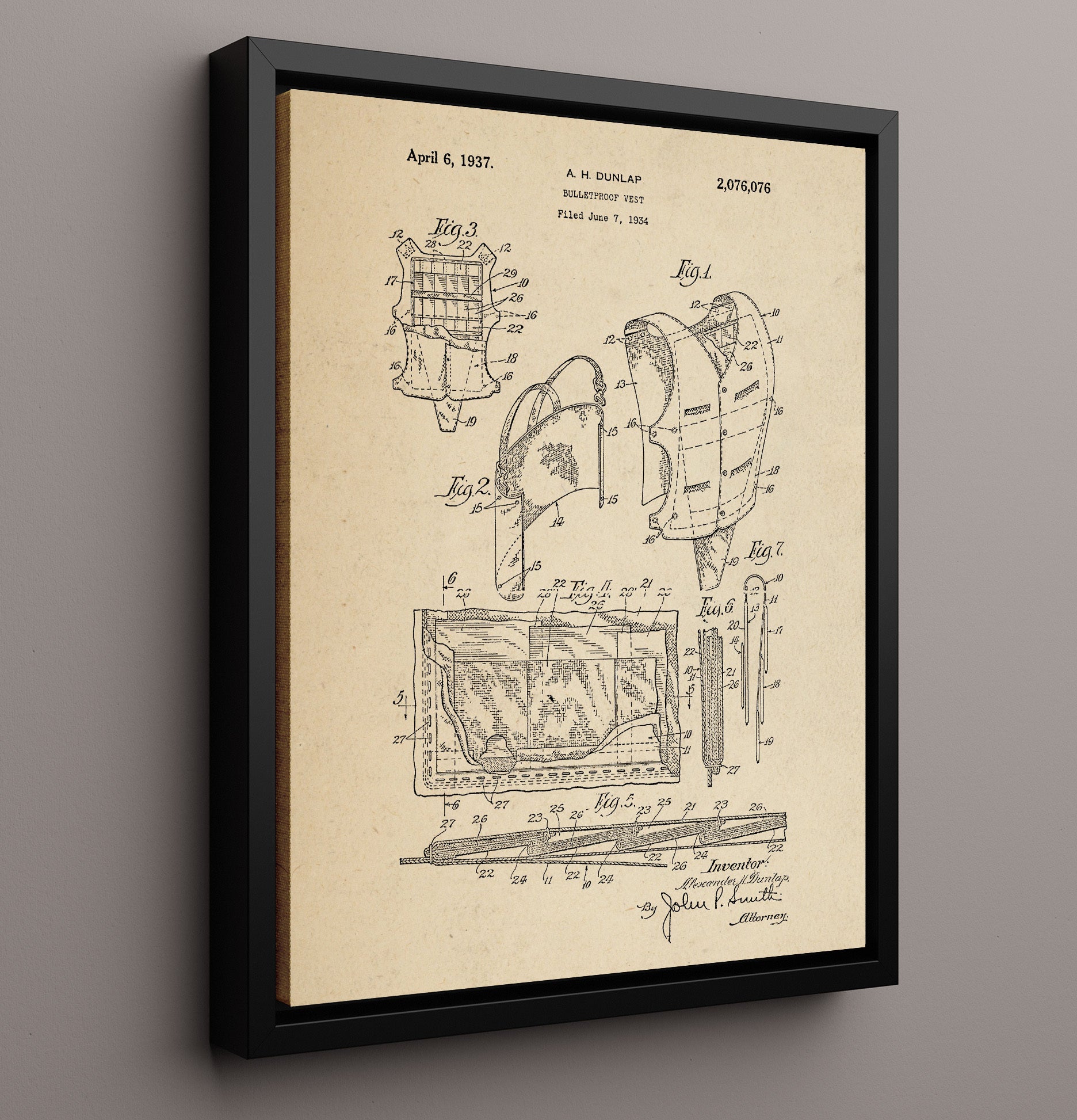 Patent Print - Bulletproof Vest - Alexander H. Dunlap - 1937 - Patent 2076076 Patent Wall Art