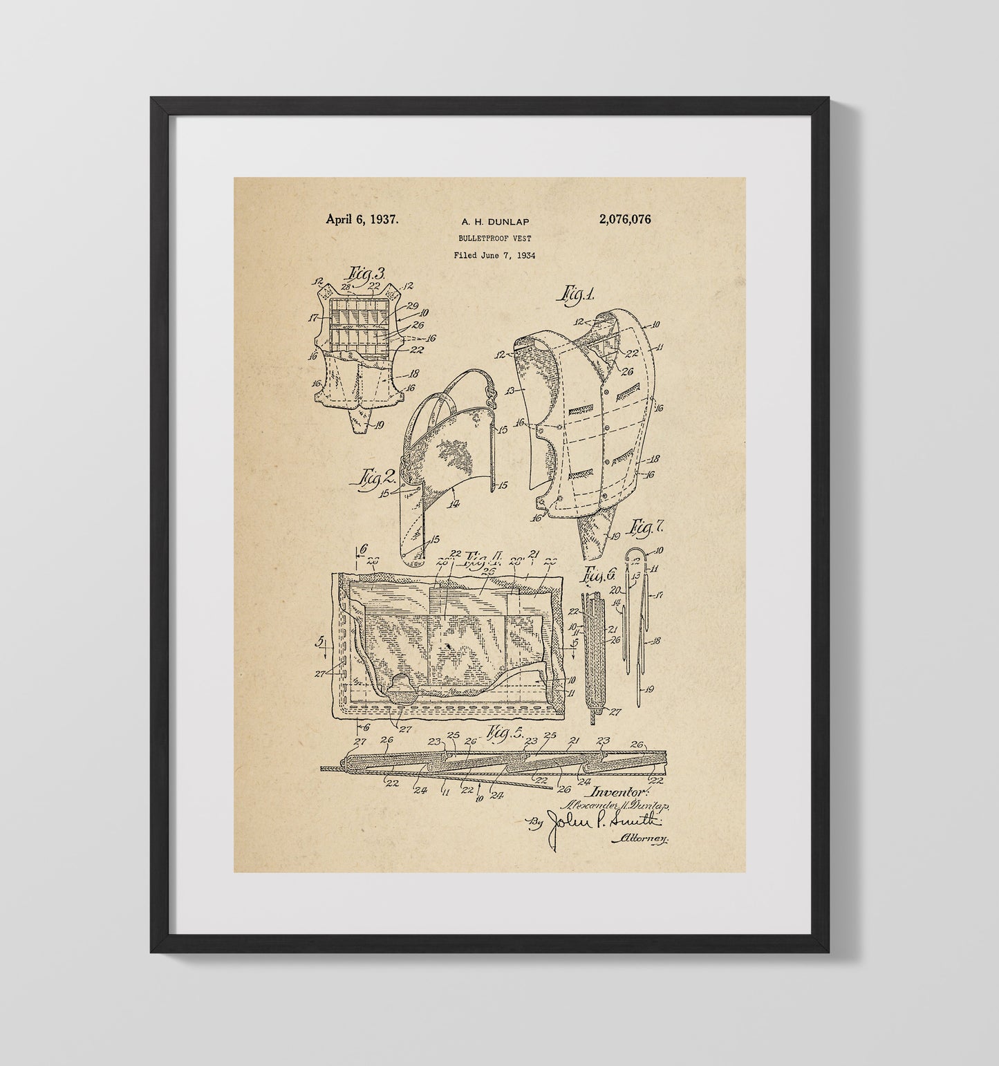 Patent Print - Bulletproof Vest - Alexander H. Dunlap - 1937 - Patent 2076076 Patent Wall Art