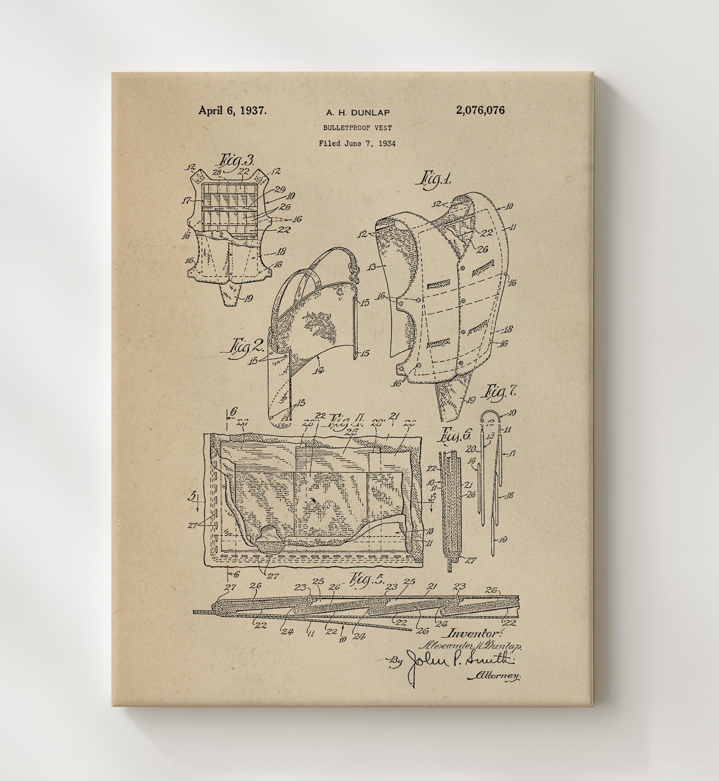 Patent Print - Bulletproof Vest - Alexander H. Dunlap - 1937 - Patent 2076076 Patent Wall Art