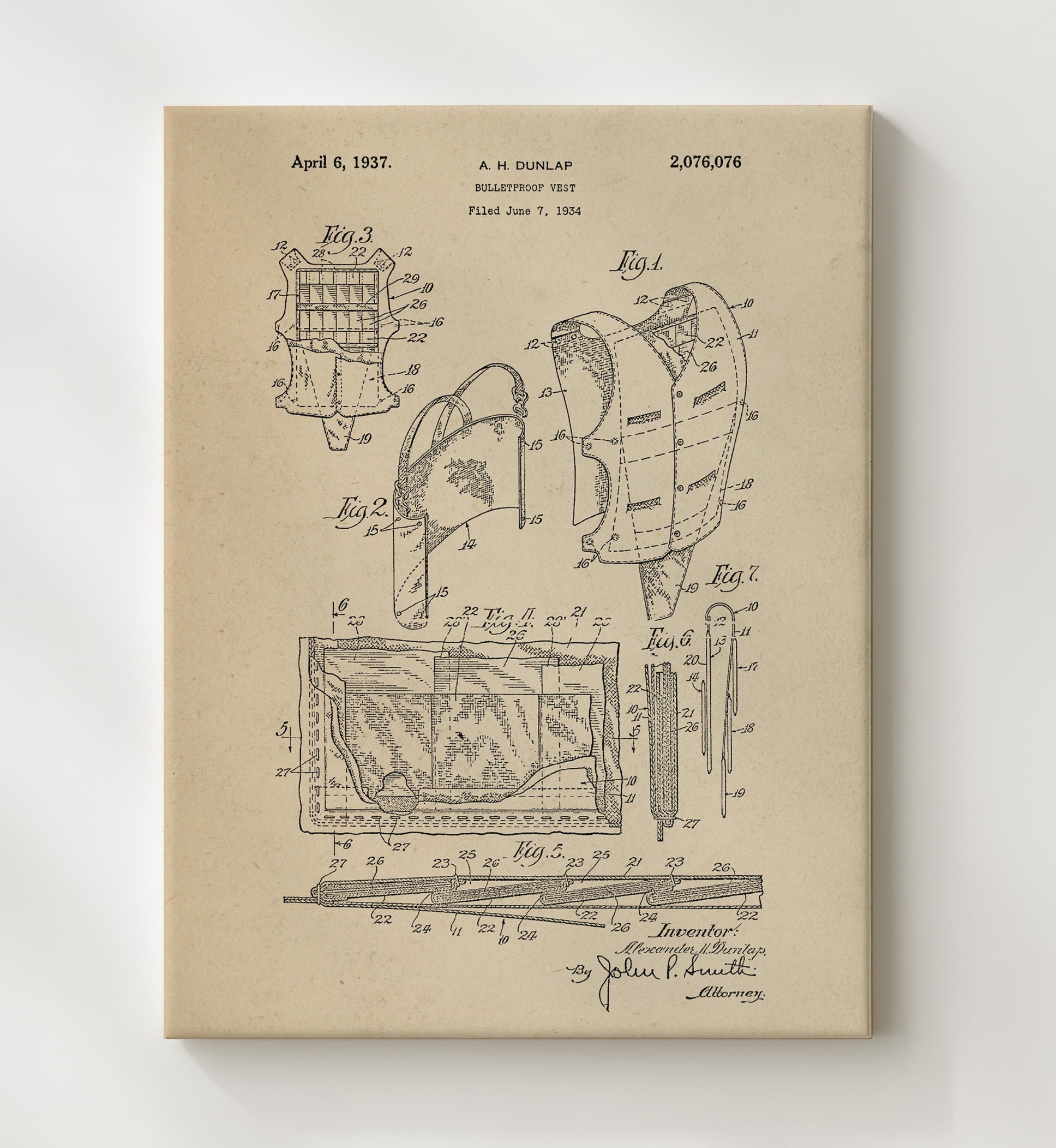 Patent Print - Bulletproof Vest - Alexander H. Dunlap - 1937 - Patent 2076076 Patent Wall Art