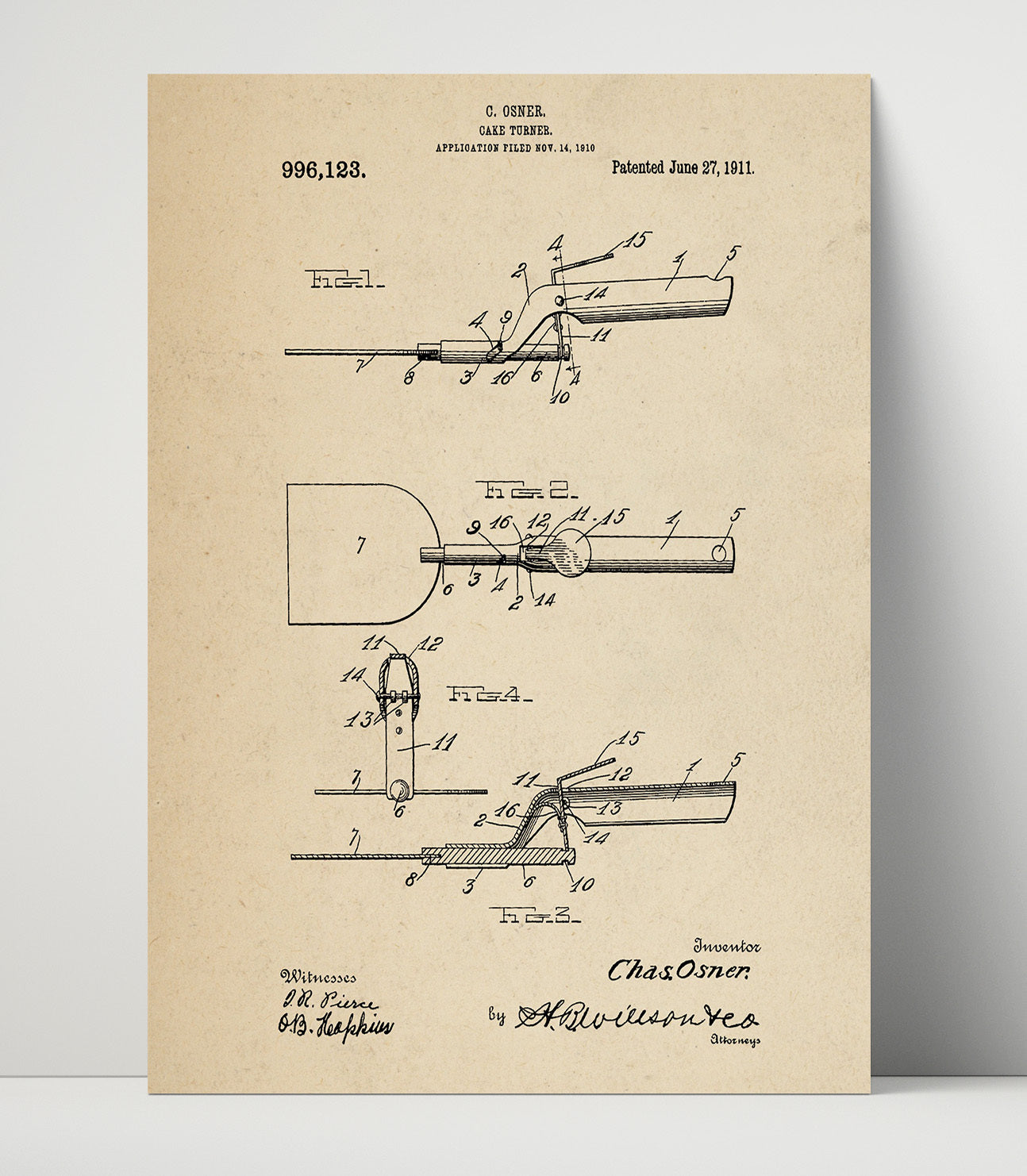 Patent Print - Cake Turner - C. Osner - 1911 - Patent 996123 Patent Wall Art