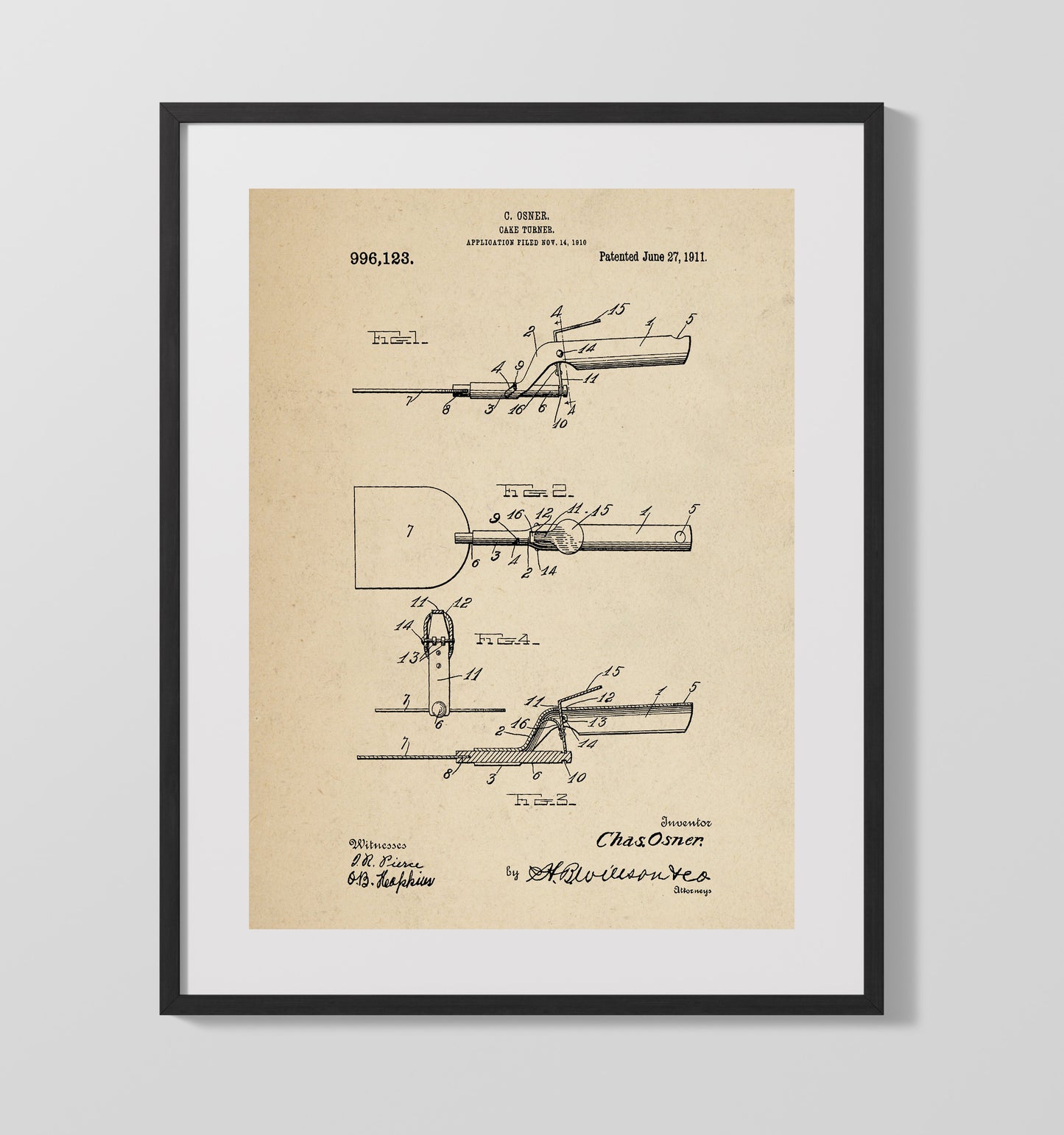 Patent Print - Cake Turner - C. Osner - 1911 - Patent 996123 Patent Wall Art