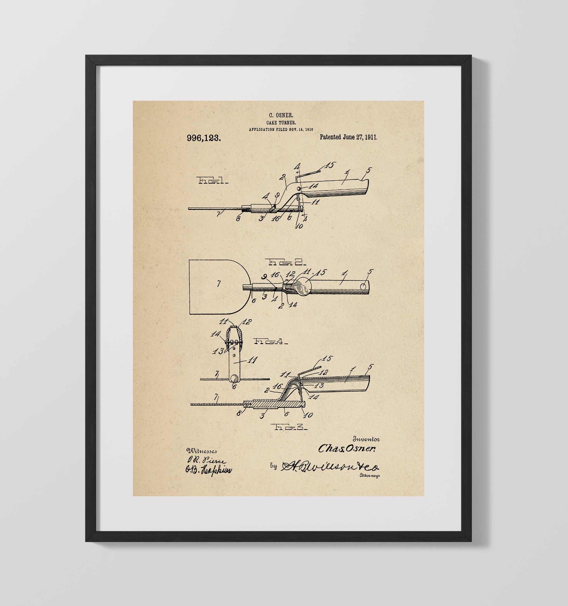 Patent Print - Cake Turner - C. Osner - 1911 - Patent 996123 Patent Wall Art
