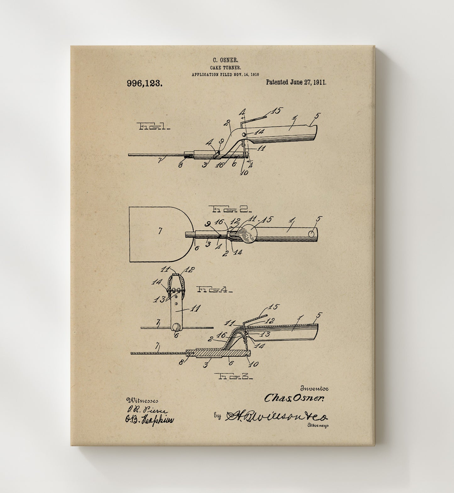 Patent Print - Cake Turner - C. Osner - 1911 - Patent 996123 Patent Wall Art